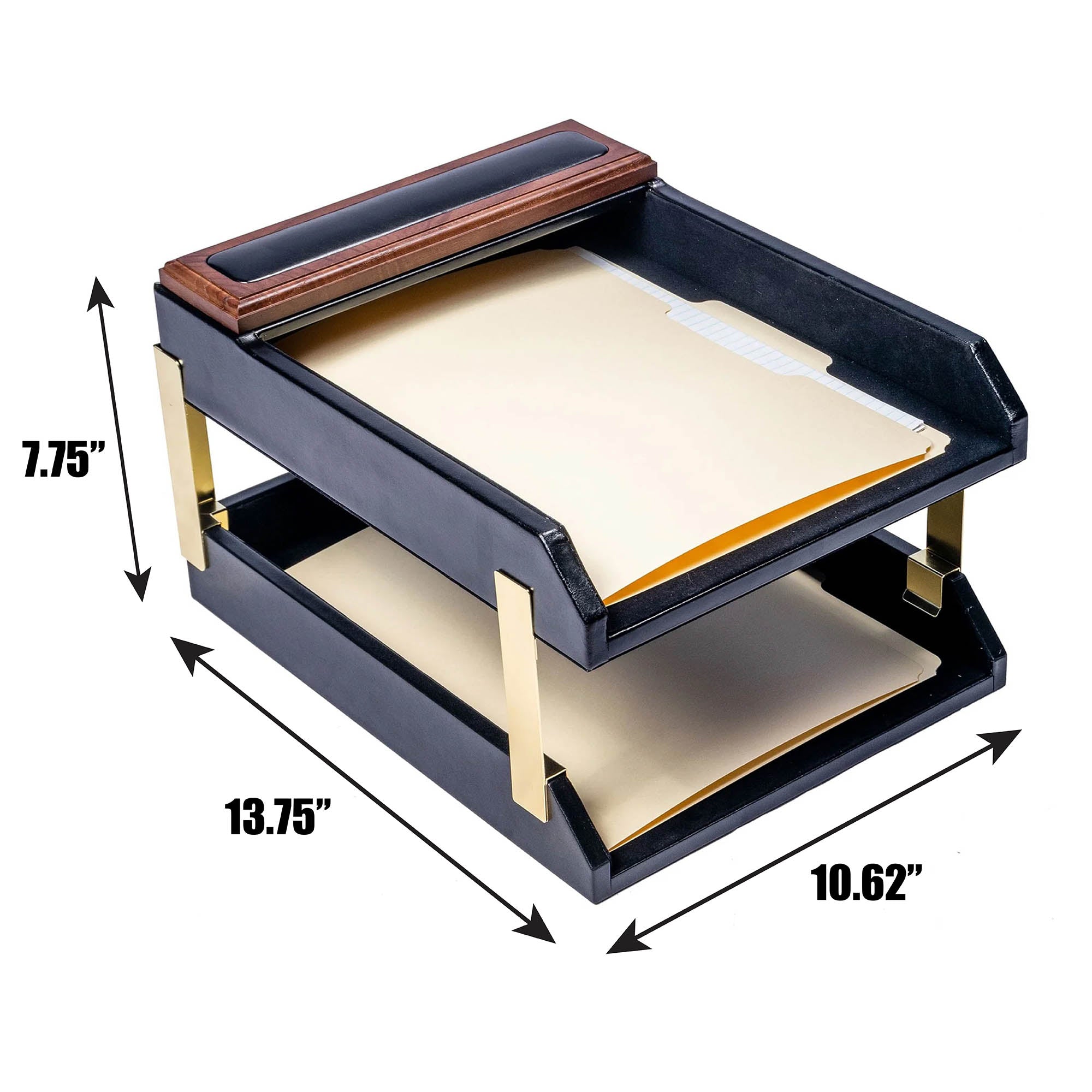Walnut & Black Leather Letter Trays, Stacking Set, Gold