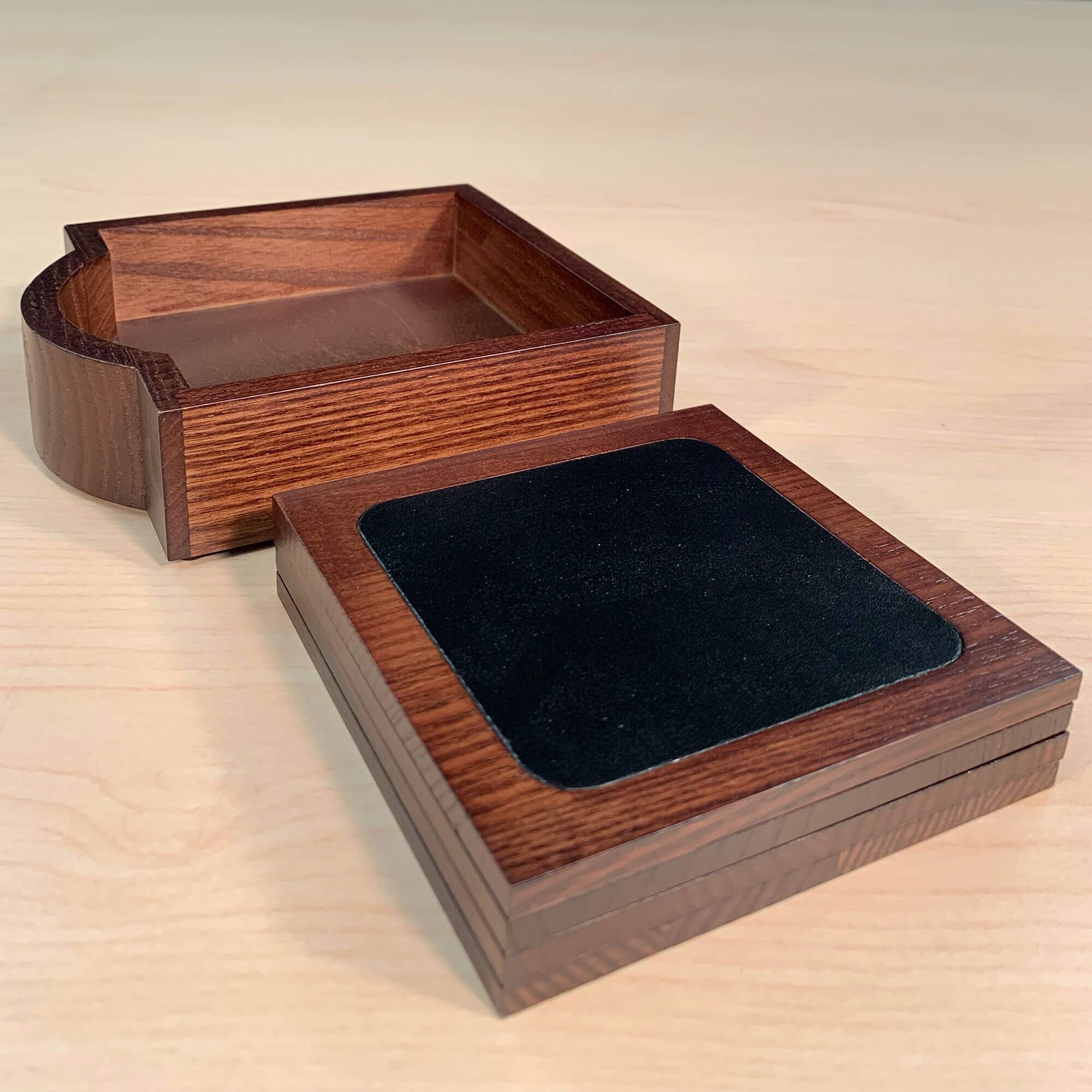 Walnut & Black Leather 4 Square Coaster Set w/ Holder
