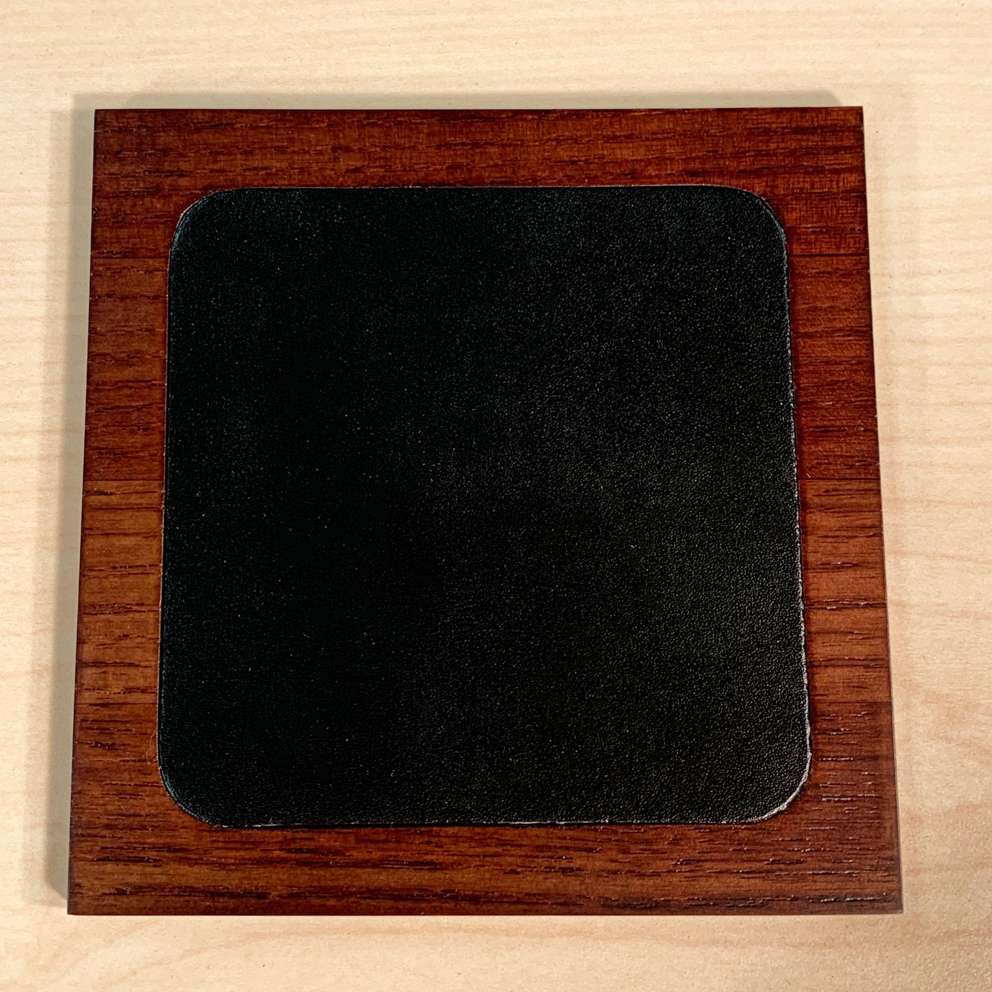 Walnut & Black Leather 4 Square Coaster Set w/ Holder