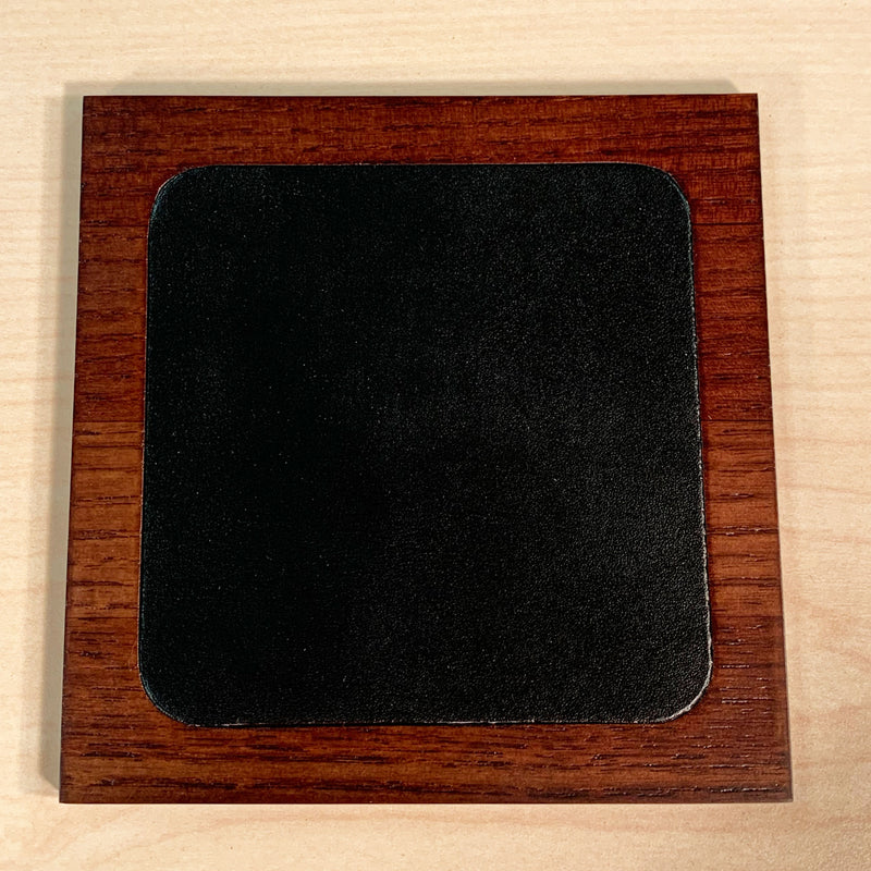 Walnut & Black Leather 4 Square Coaster Set w/ Holder