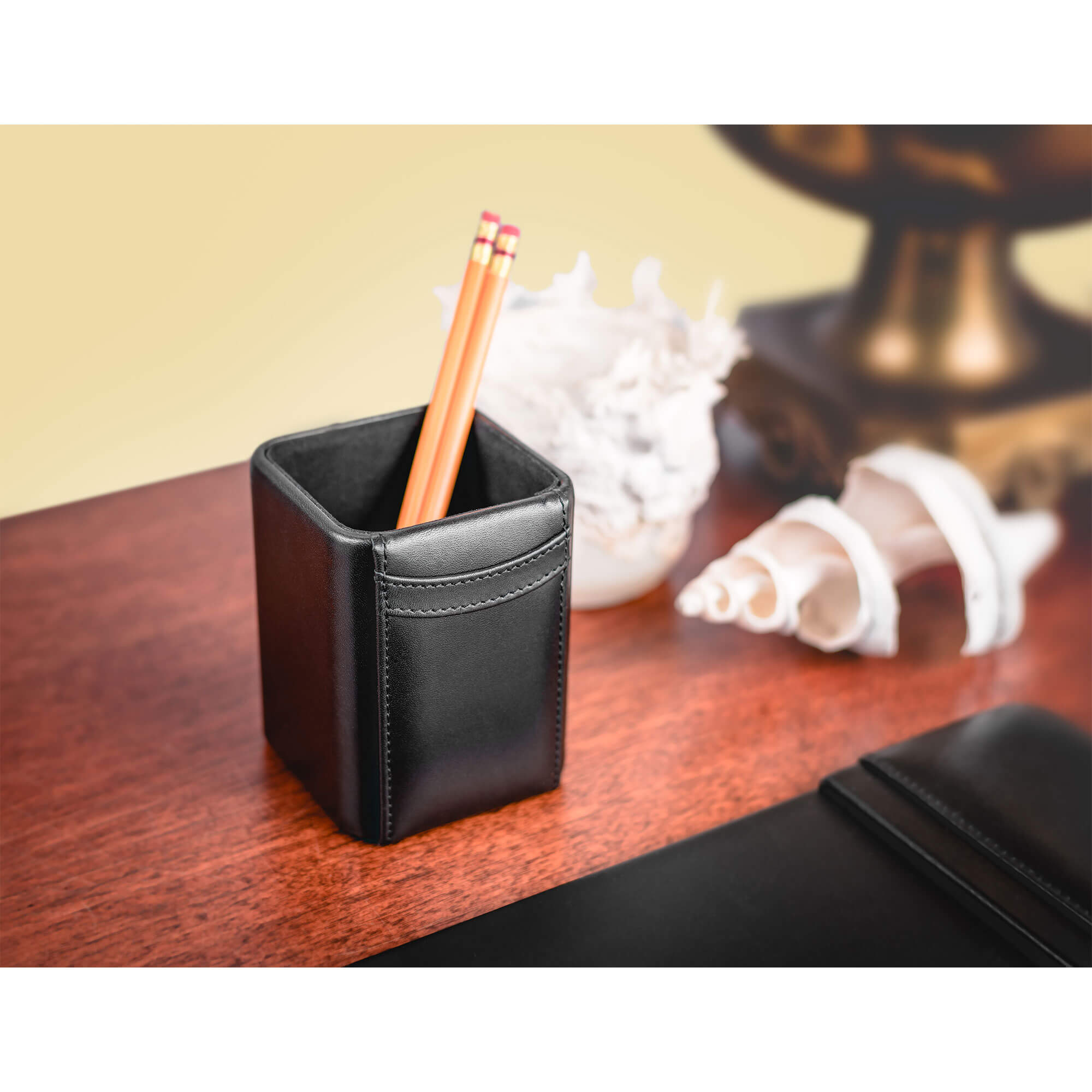 Classic Black Leather 7-Piece Desk Set, Gold Accent