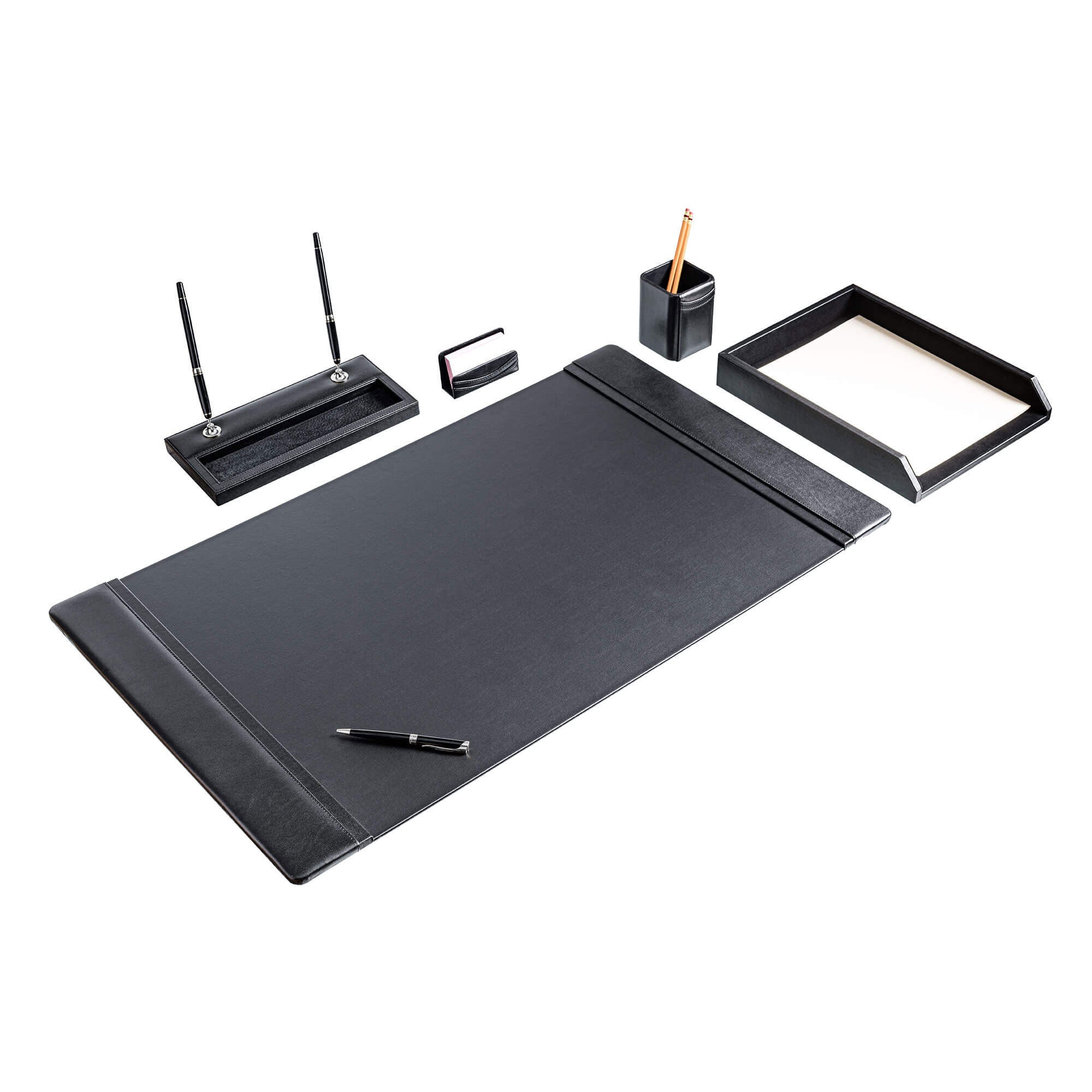 Classic Black Leather 5-Piece Desk Set, Silver Accent