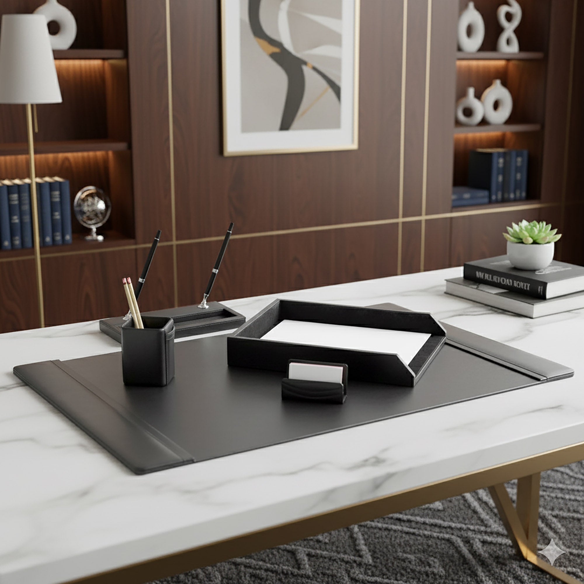 Classic Black Leather 5-Piece Desk Set, Silver Accent
