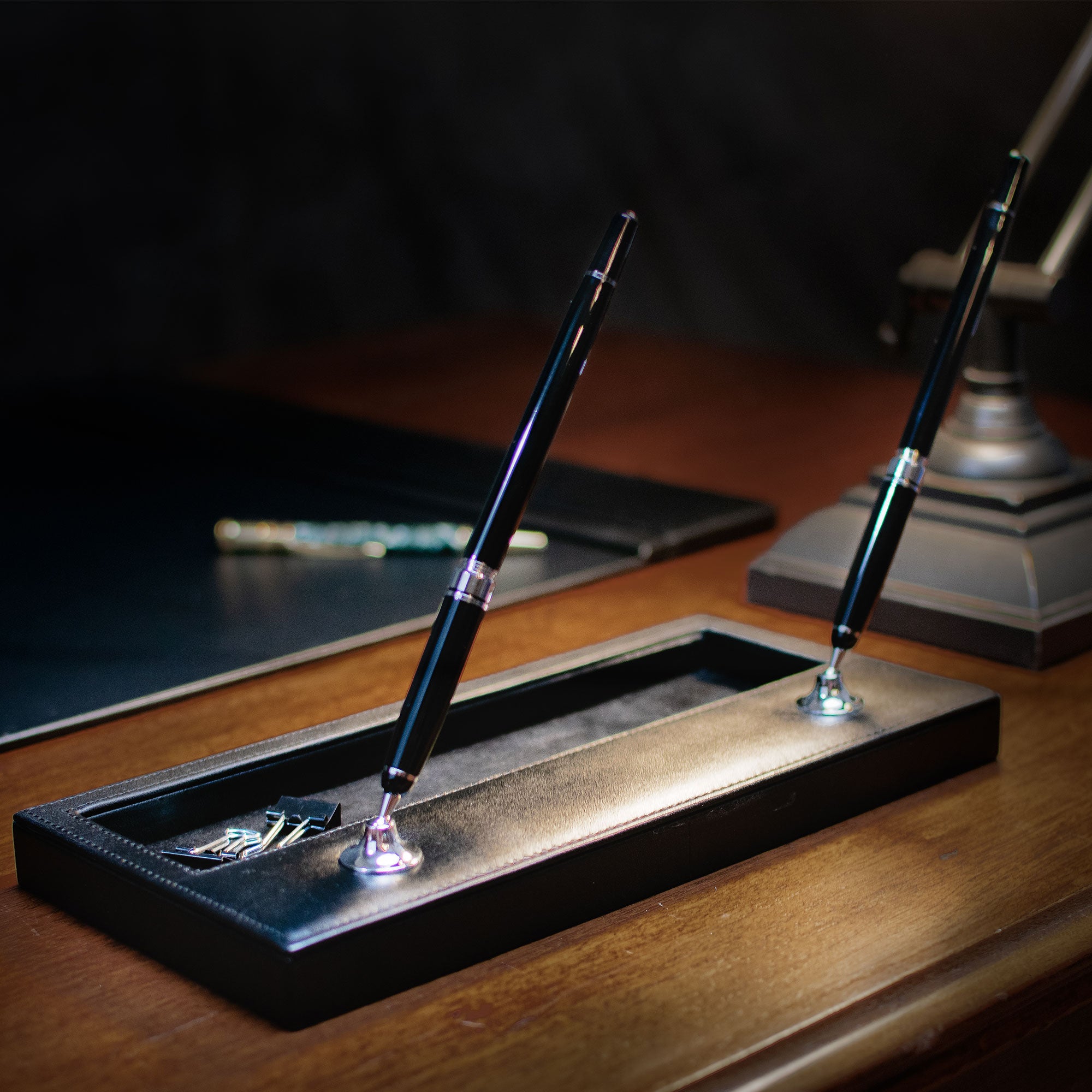 Classic Black Leather 5-Piece Desk Set, Silver Accent