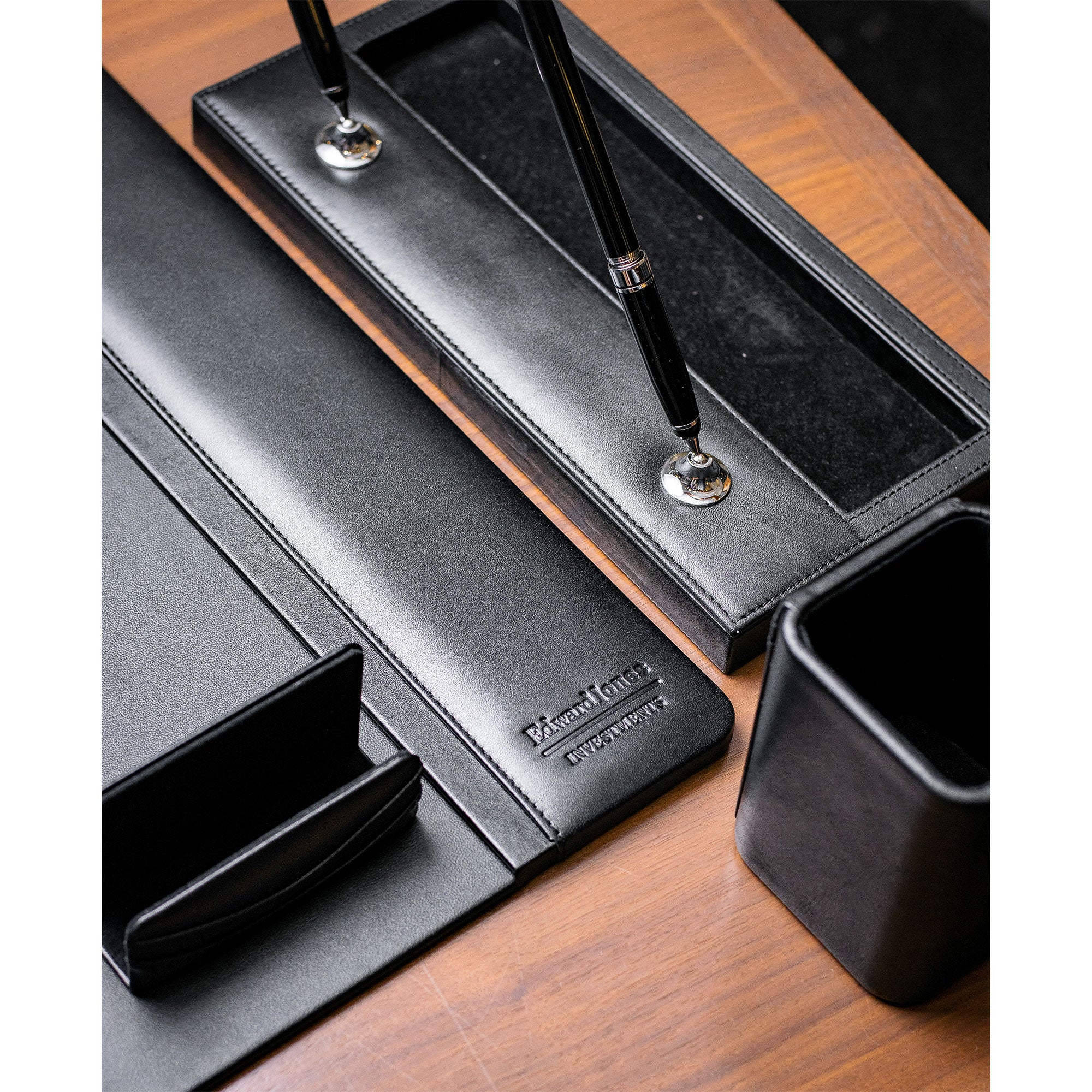 Classic Black Leather 5-Piece Desk Set, Silver Accent