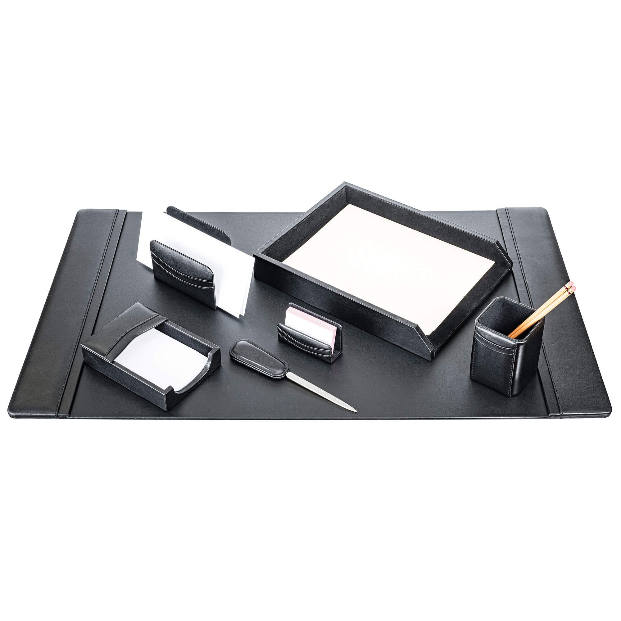 Classic Black Leather 7-Piece Desk Set, Silver Accent