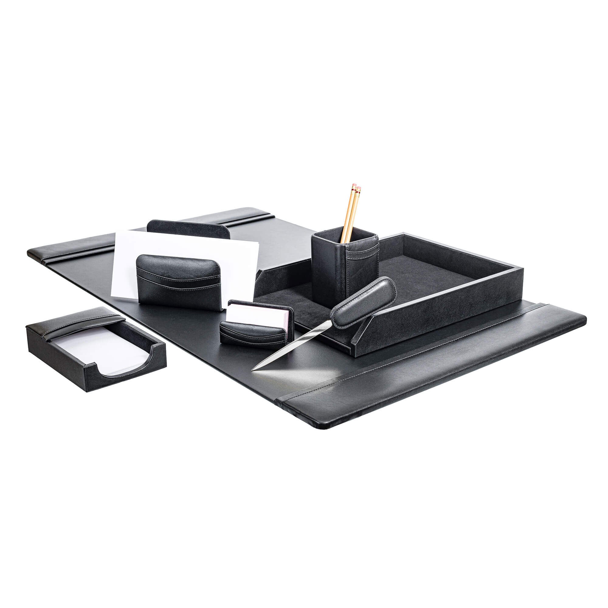 Classic Black Leather 7-Piece Desk Set, Silver Accent