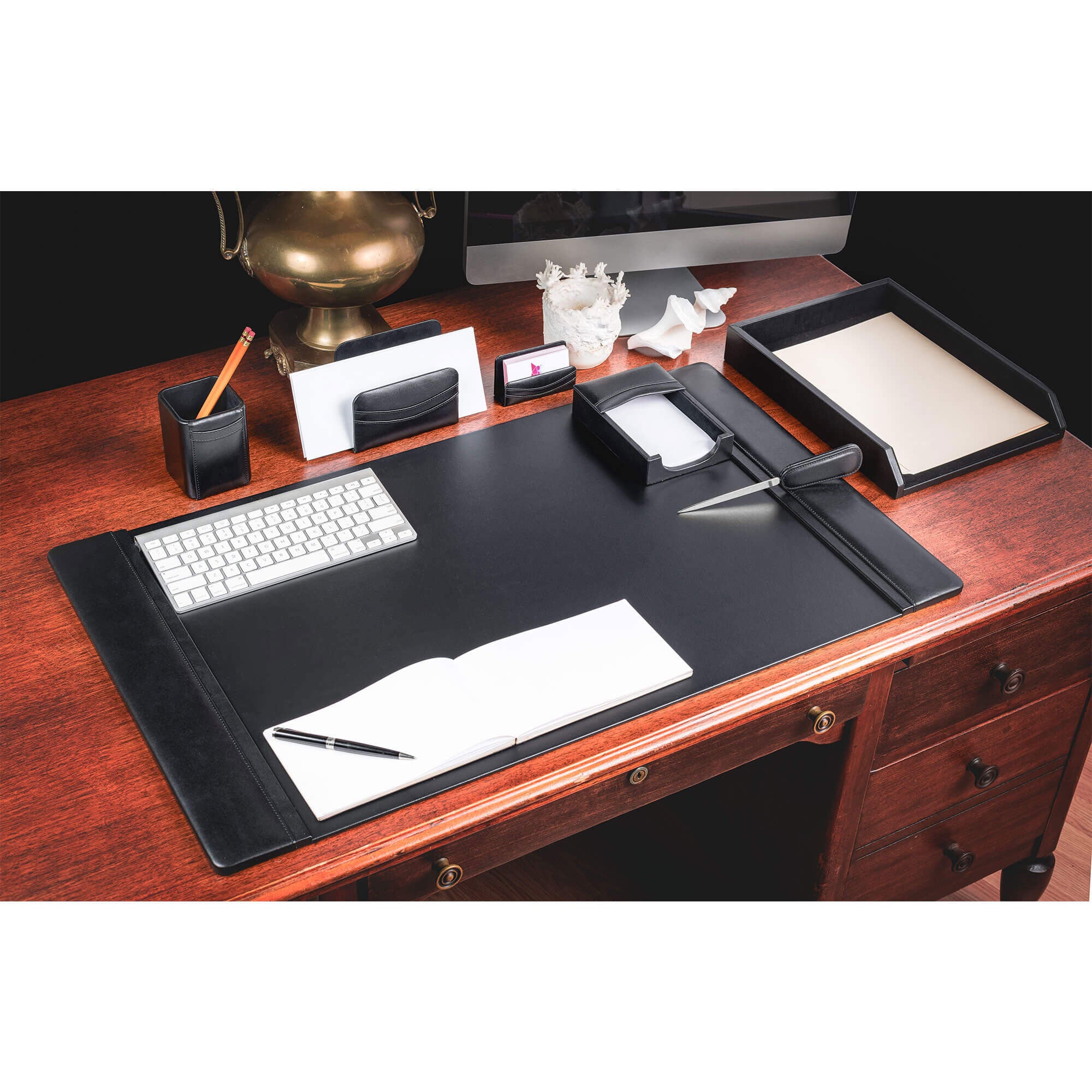 Classic Black Leather 7-Piece Desk Set, Silver Accent