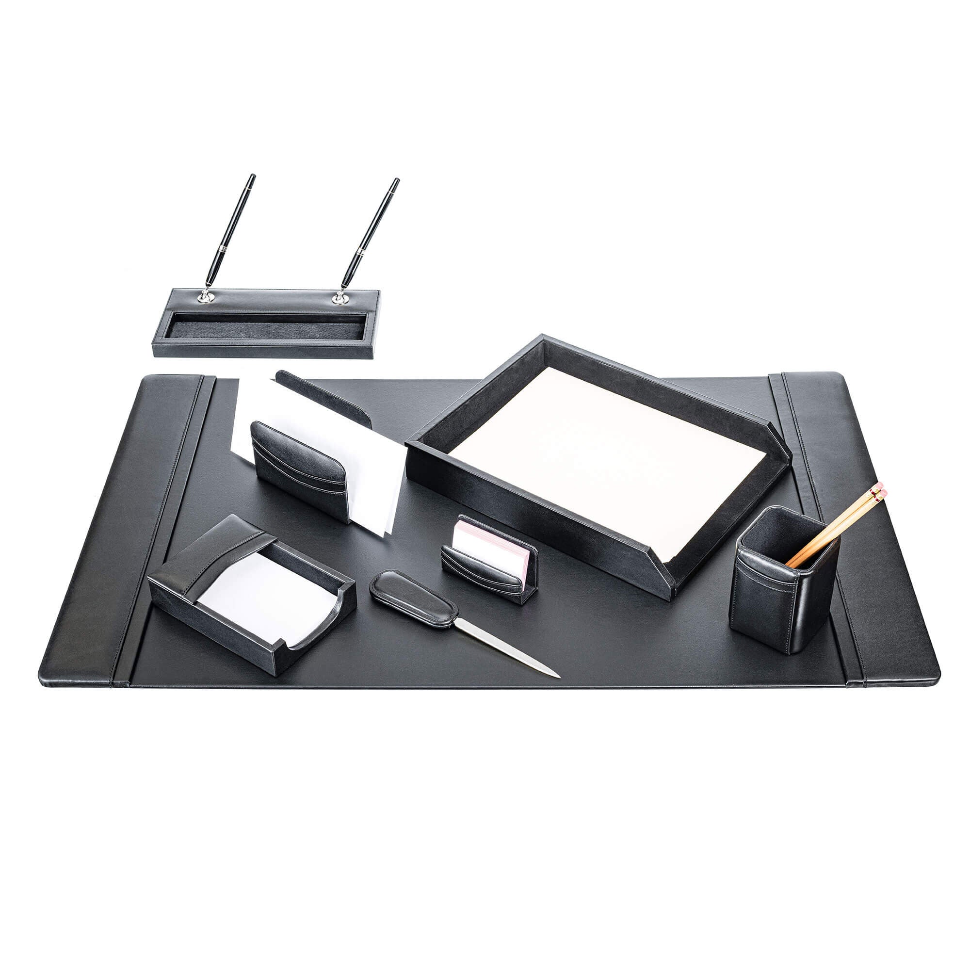 Classic Black Leather 8-Piece Desk Set, Silver Accent