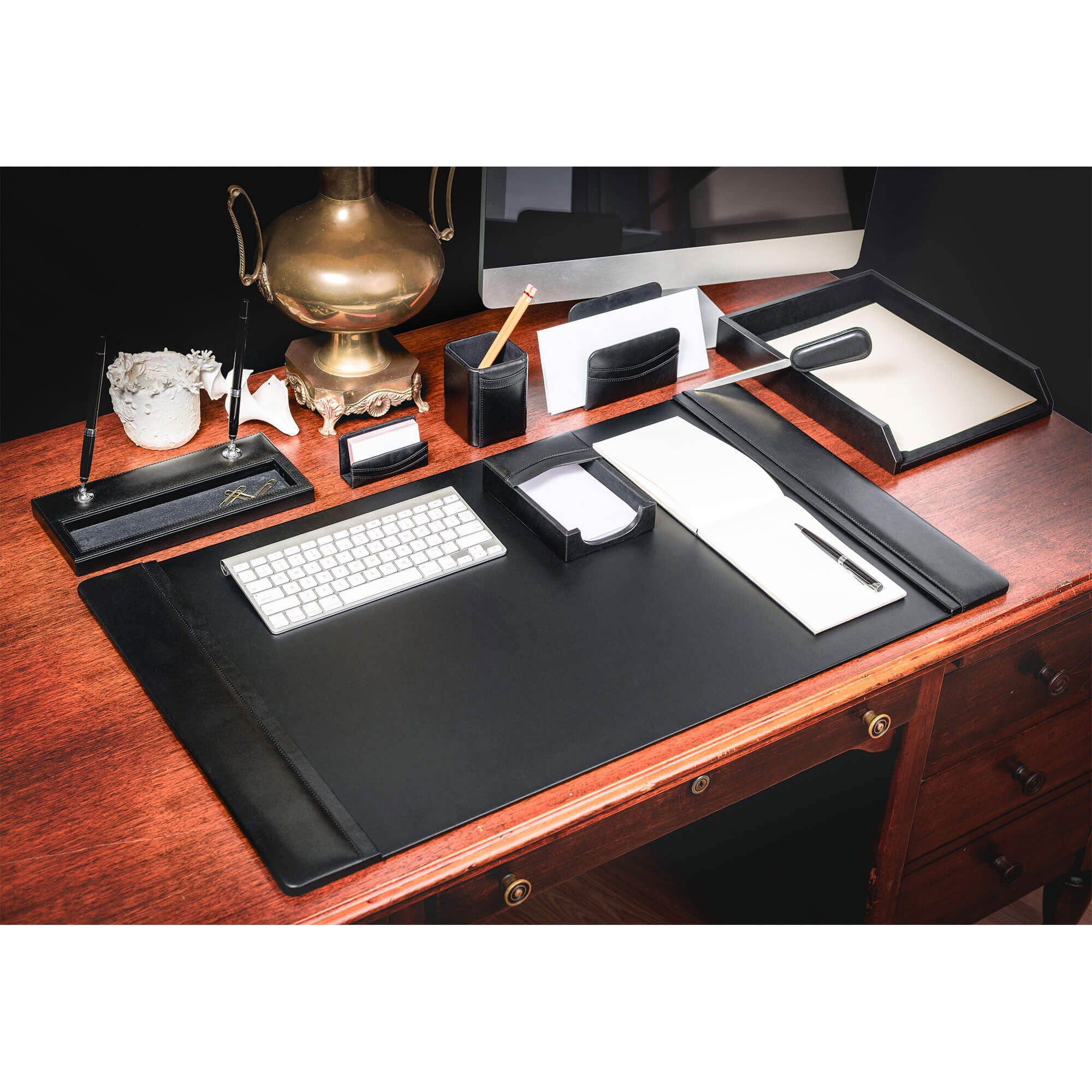 Classic Black Leather 8-Piece Desk Set, Silver Accent