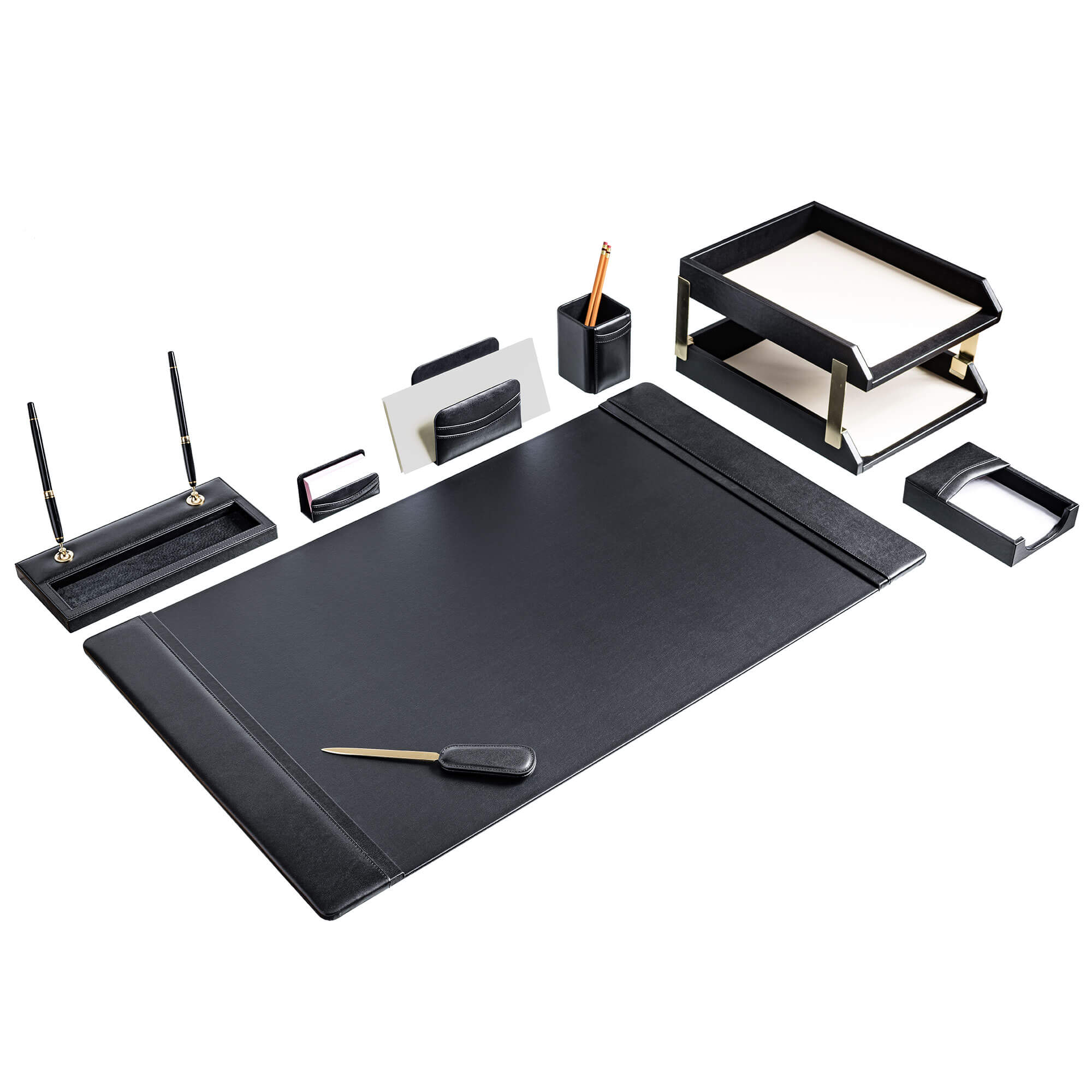 Black Leather 10-Piece Desk Set, Gold Accent