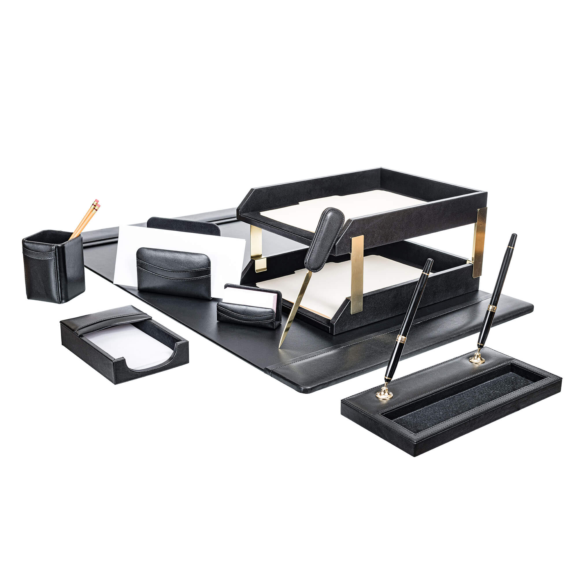 Black Leather 10-Piece Desk Set, Gold Accent