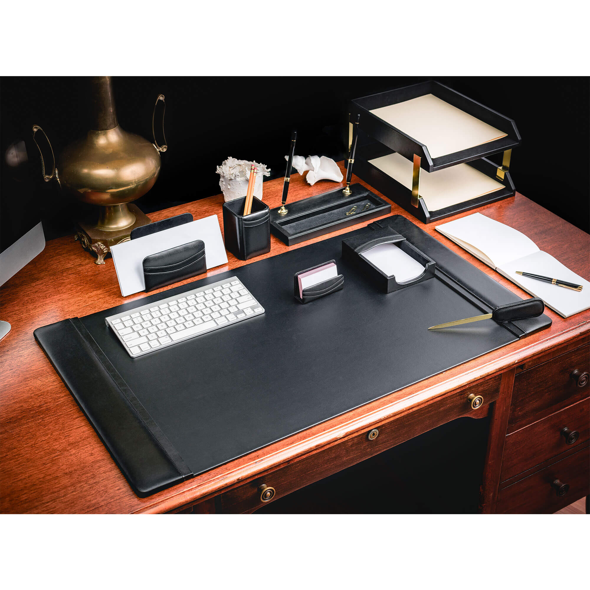 Black Leather 10-Piece Desk Set, Gold Accent