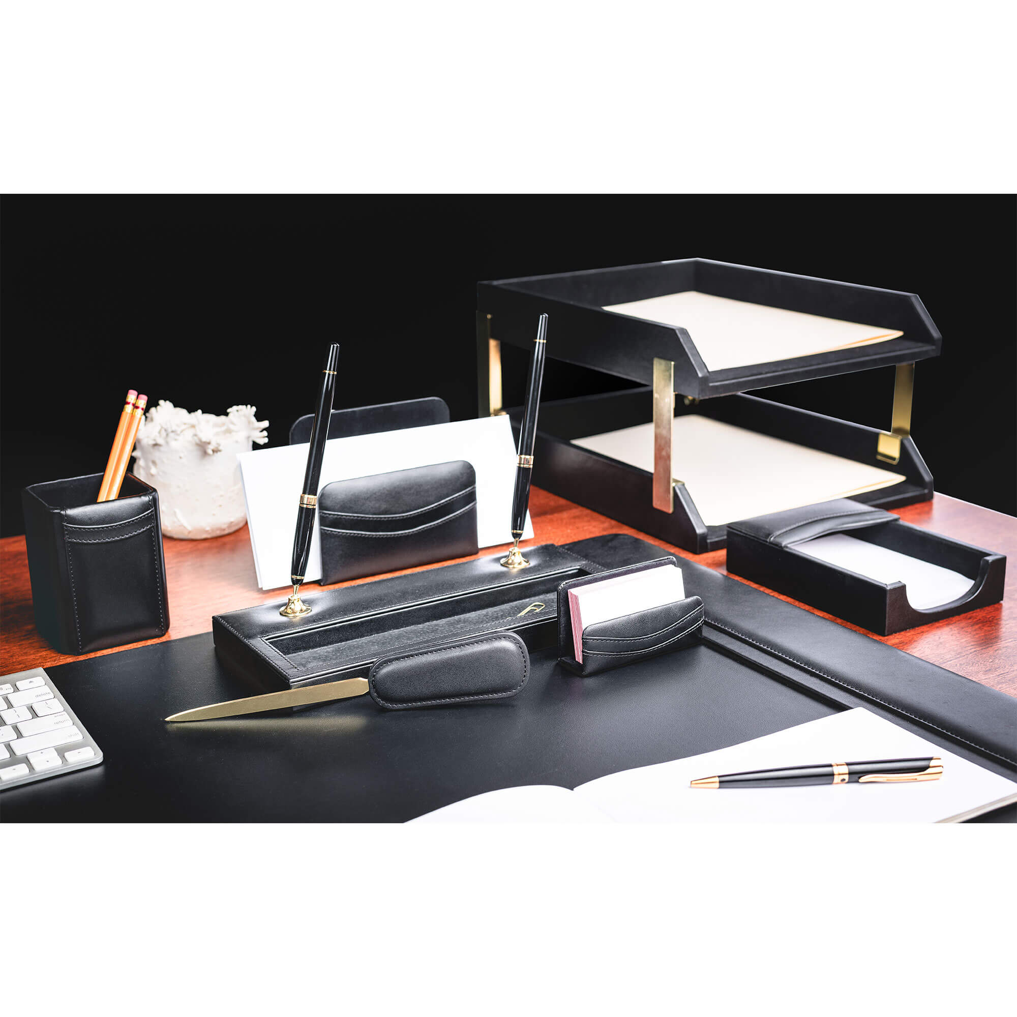 Black Leather 10-Piece Desk Set, Gold Accent
