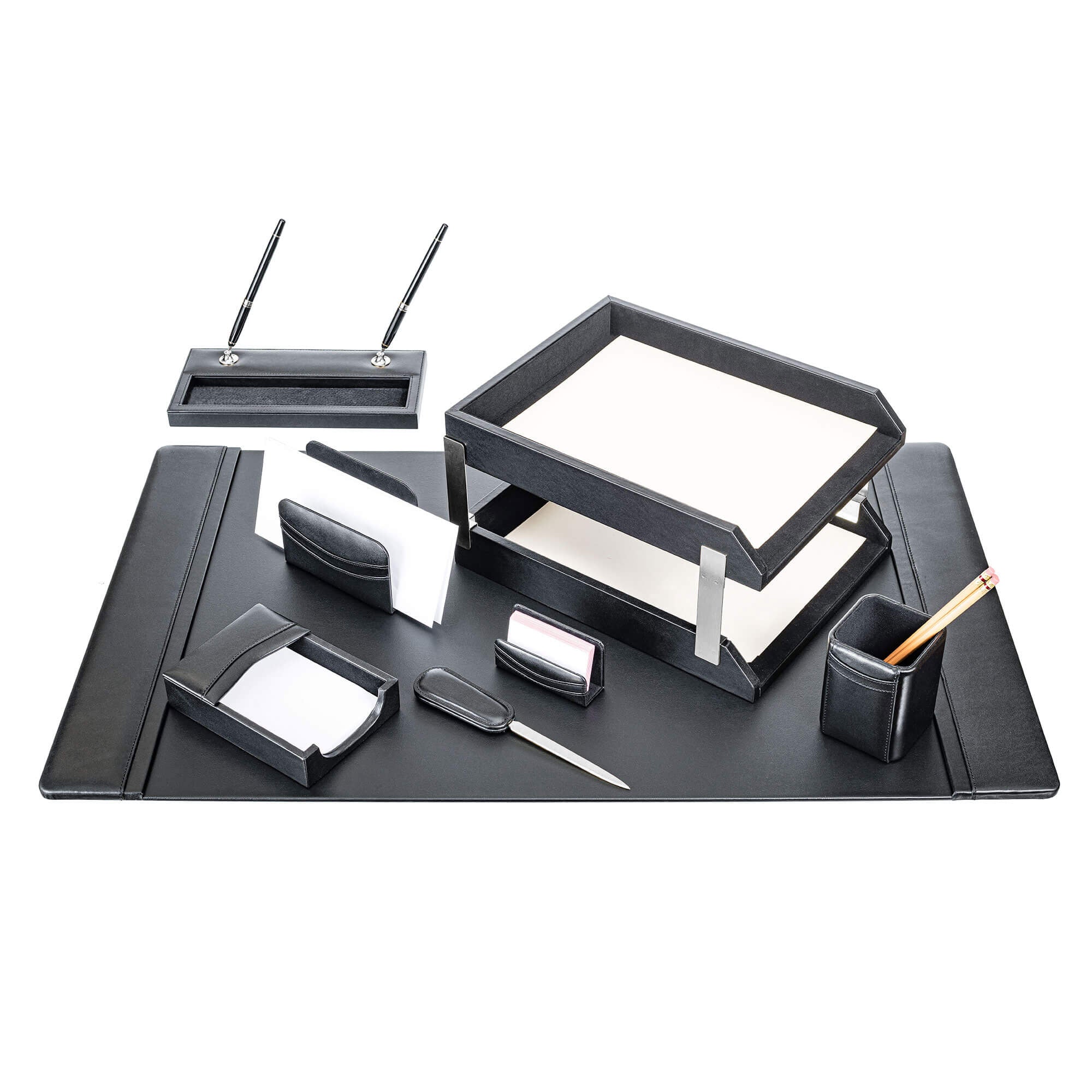 Classic Black Leather 10-Piece Desk Set, Silver Accent