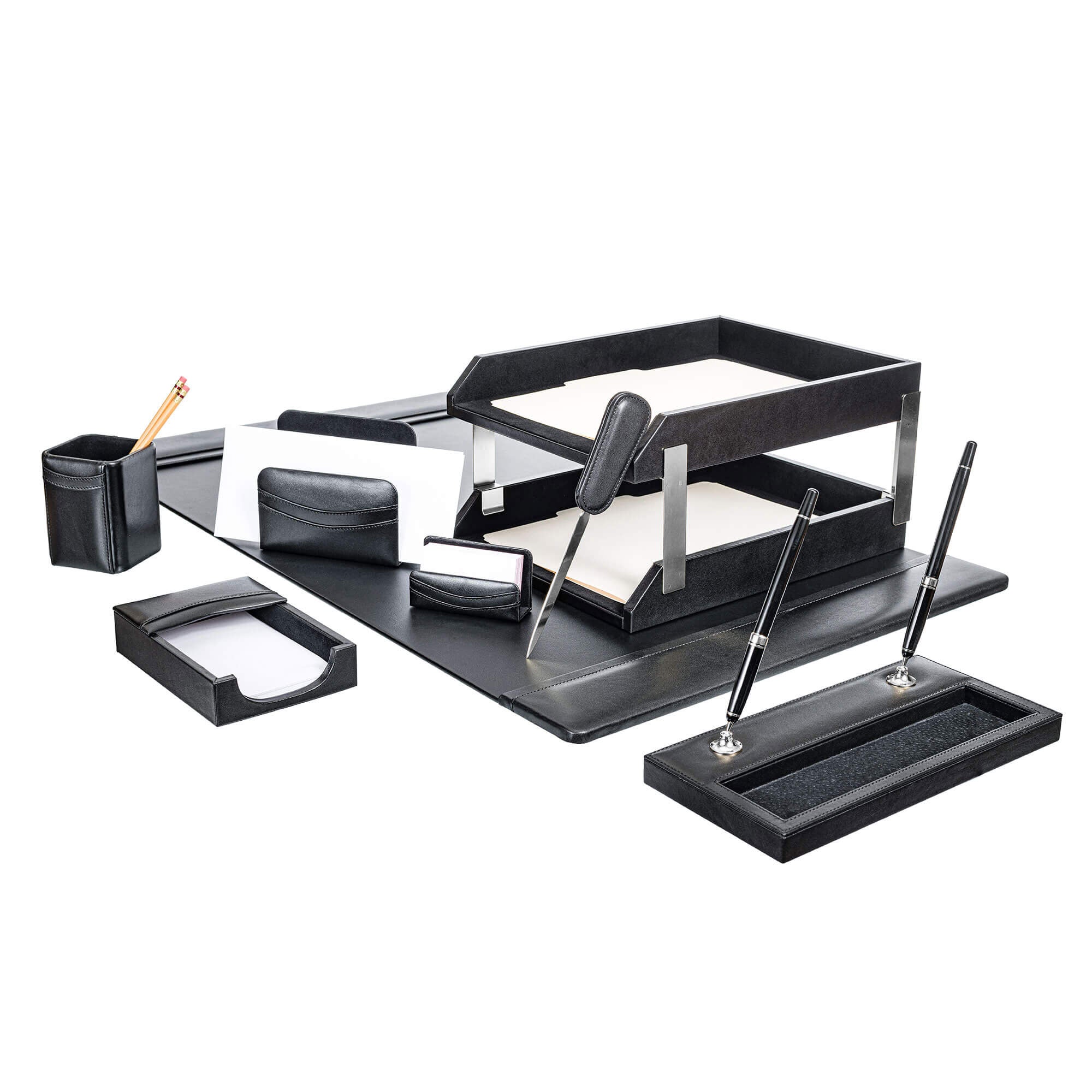 Classic Black Leather 10-Piece Desk Set, Silver Accent