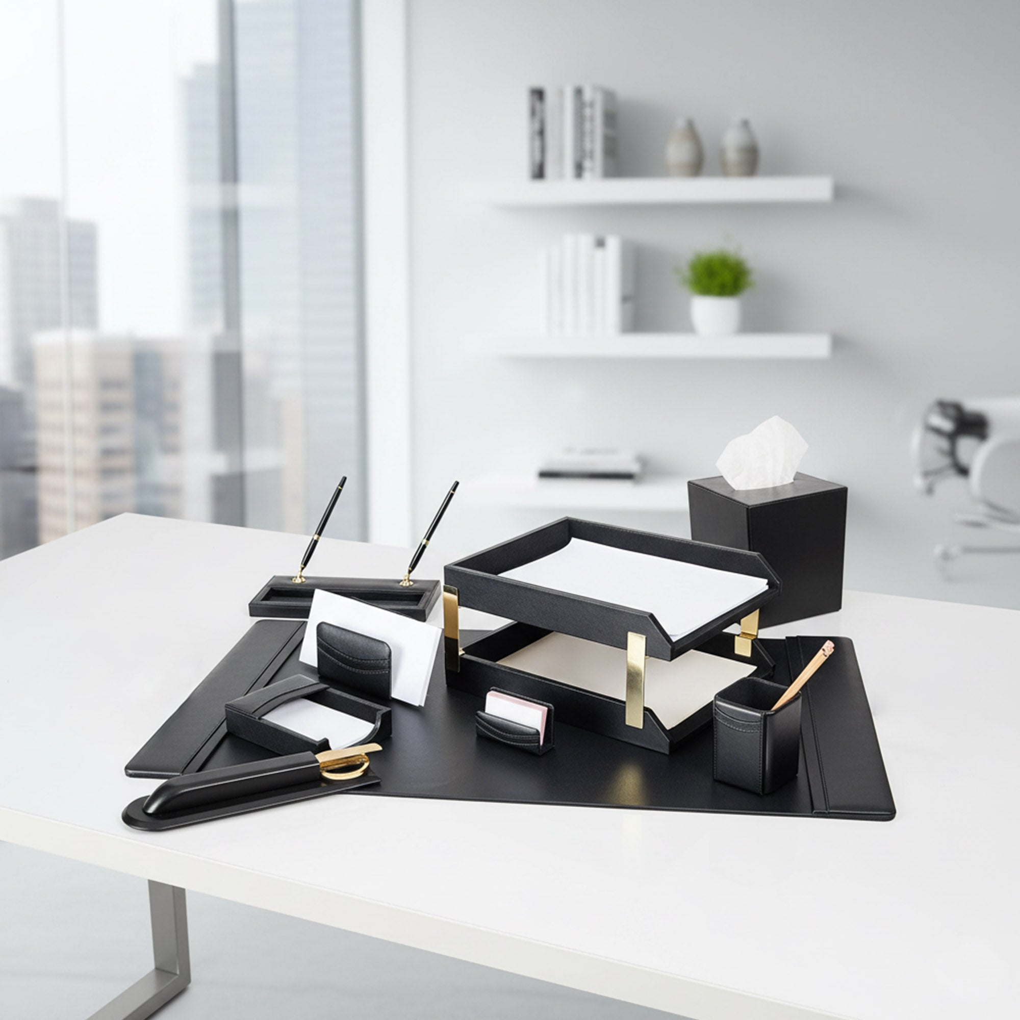 Black Leather 11-Piece Desk Set, Gold Accent