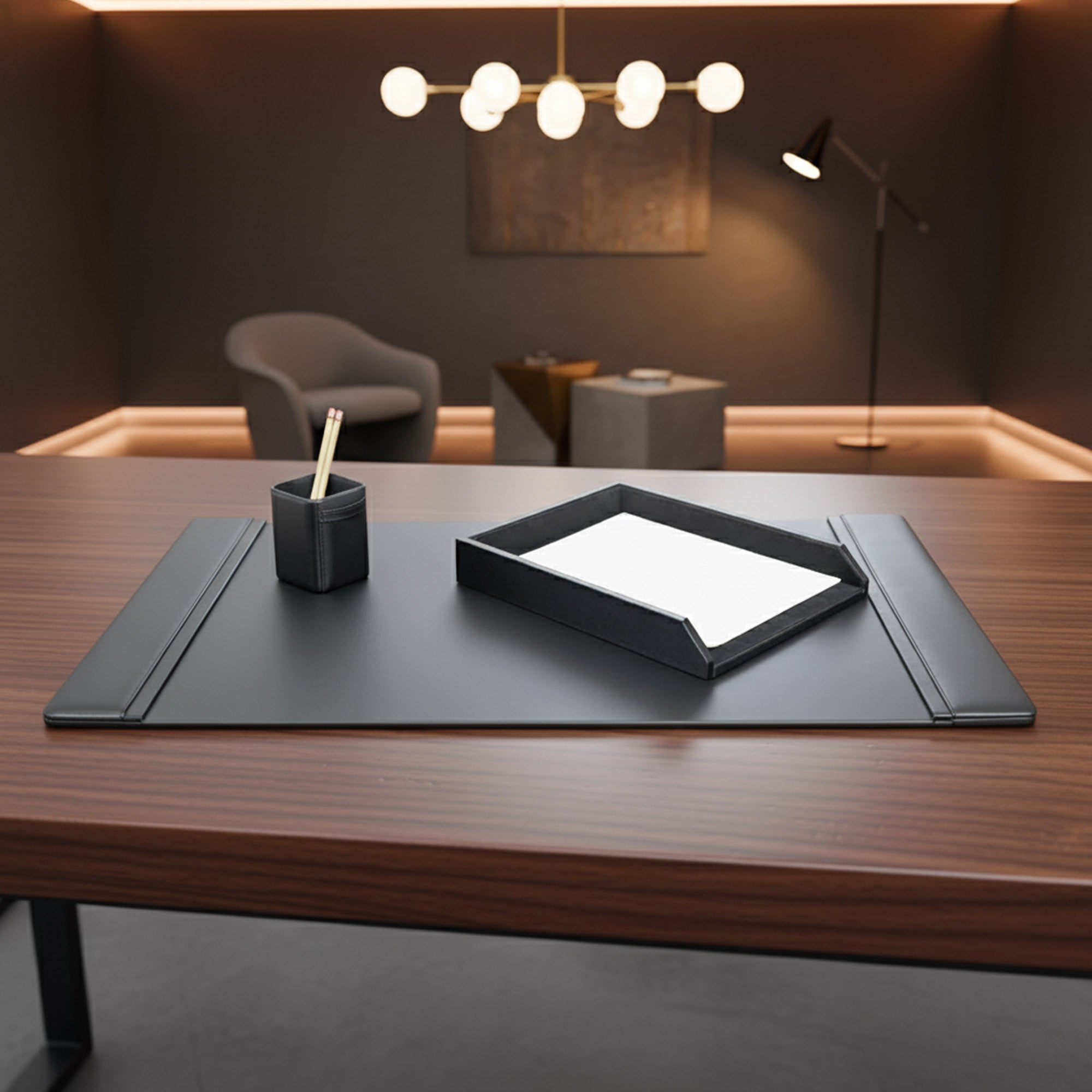 Classic Black Leather 3-Piece Desk Set