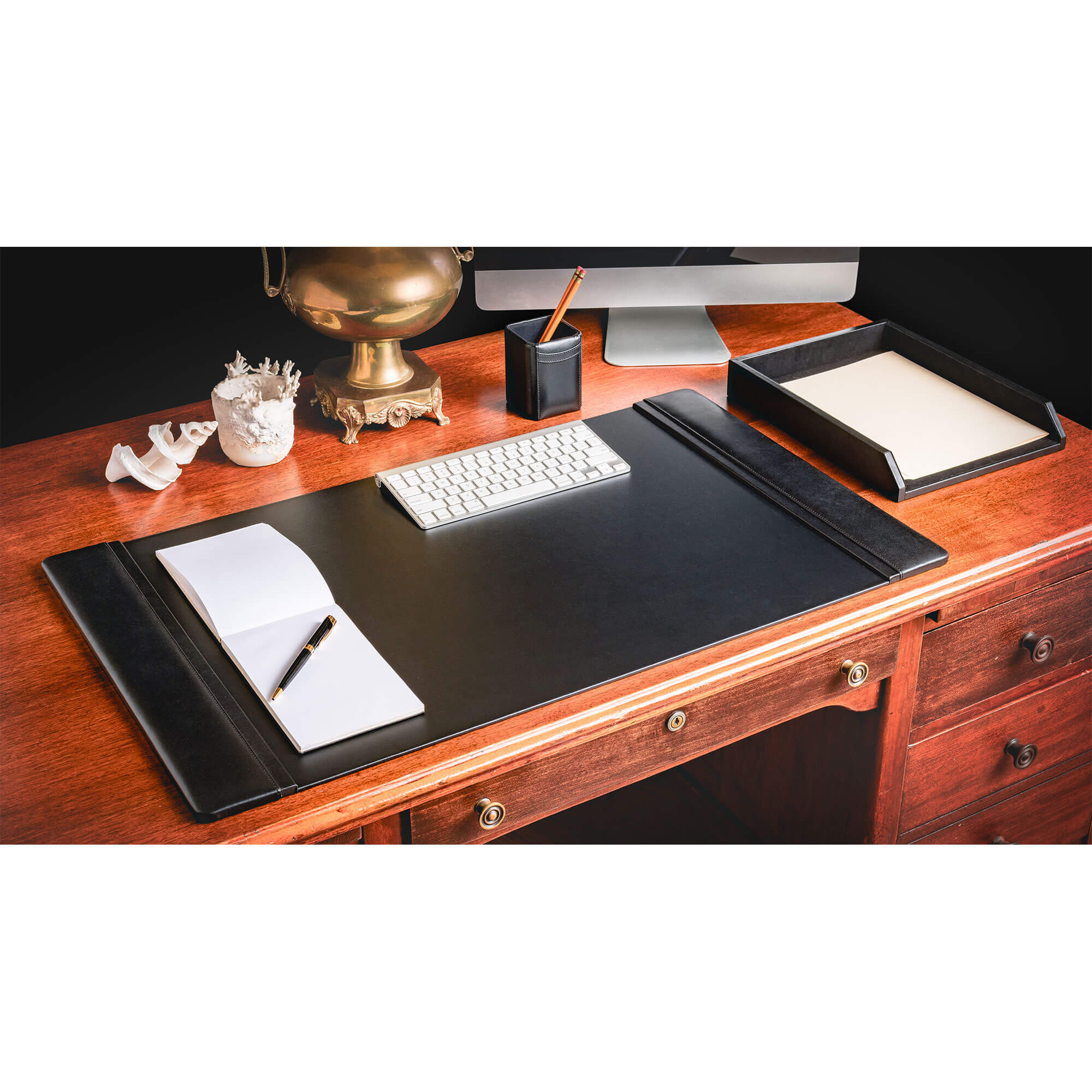 Classic Black Leather 3-Piece Desk Set