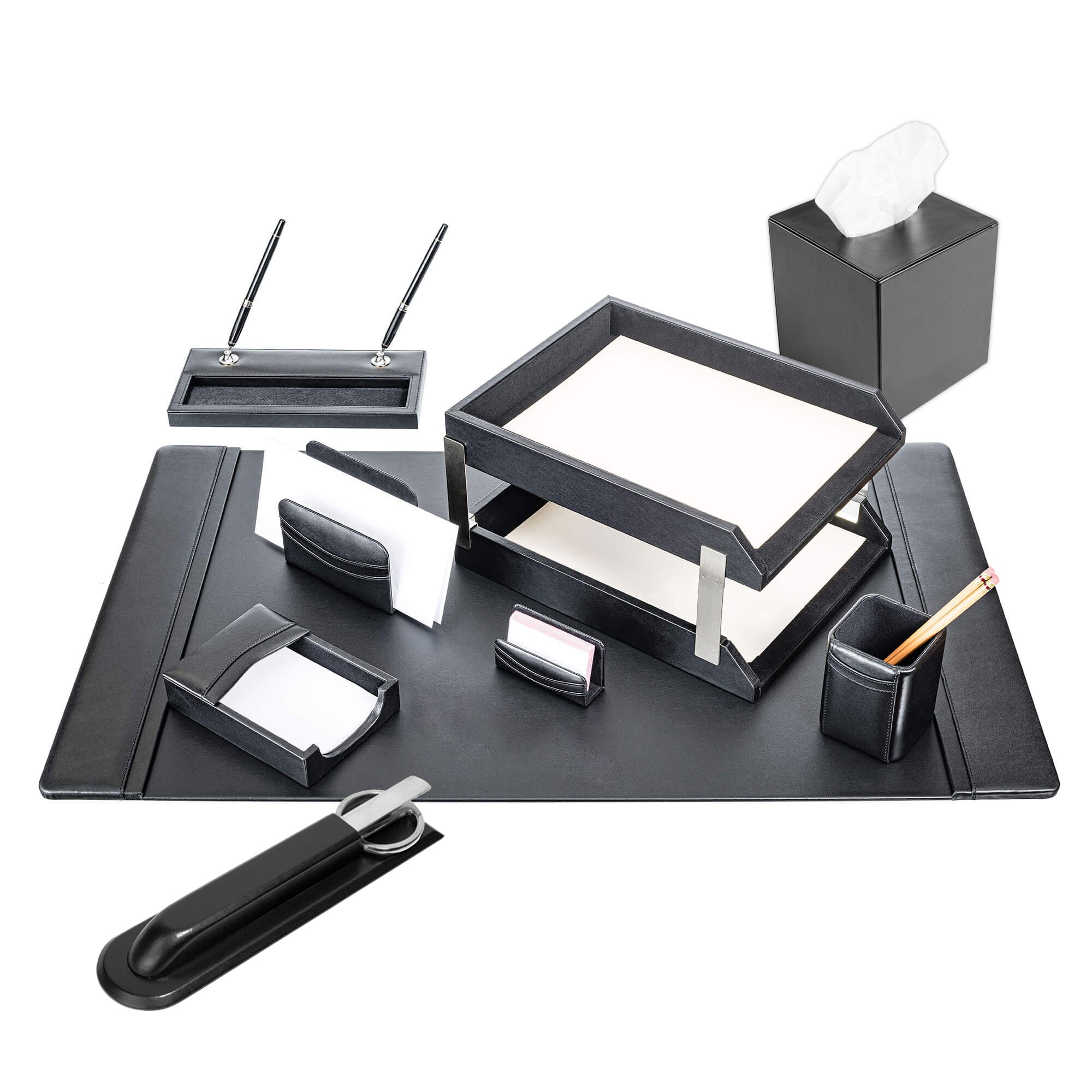 Classic Black Leather 11-Piece Desk Set, Silver Accent
