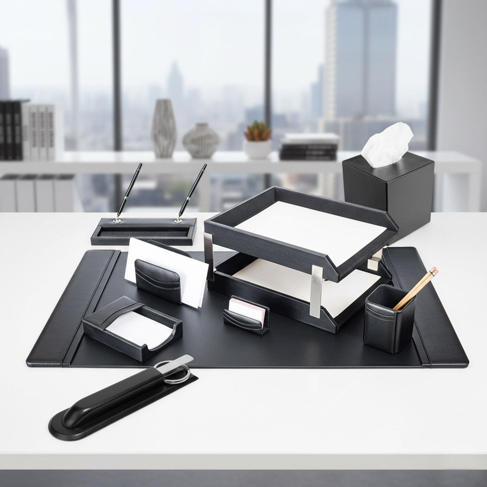 Classic Black Leather 11-Piece Desk Set, Silver Accent