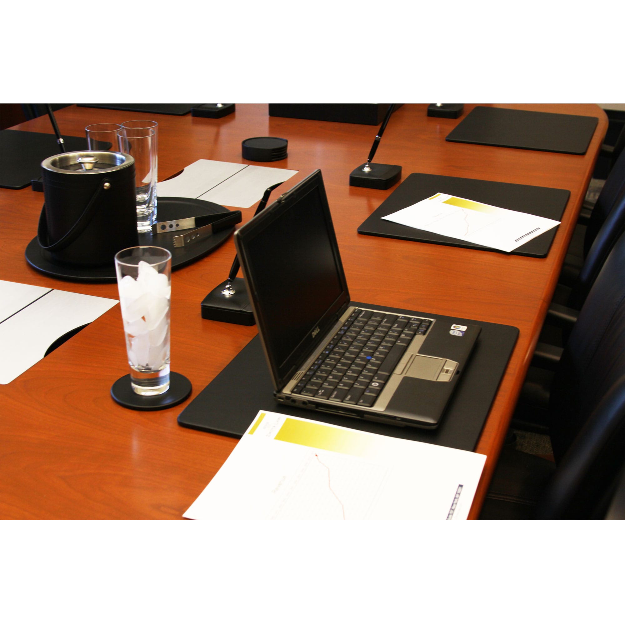 10 Seat Black Leather Conference Room Set w/ Round Coasters and Pen Stands