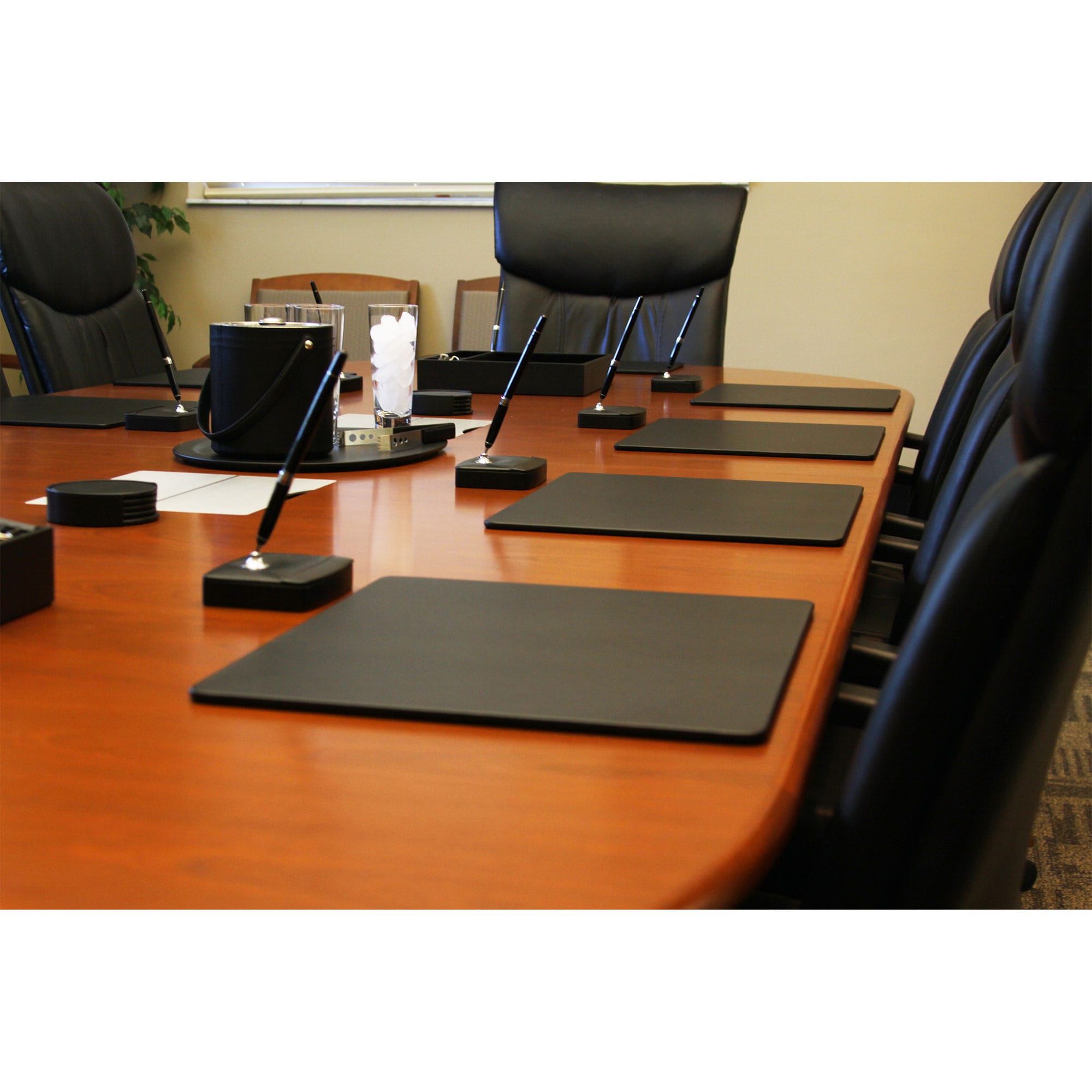 10 Seat Black Leather Conference Room Set w/ Round Coasters and Pen Stands