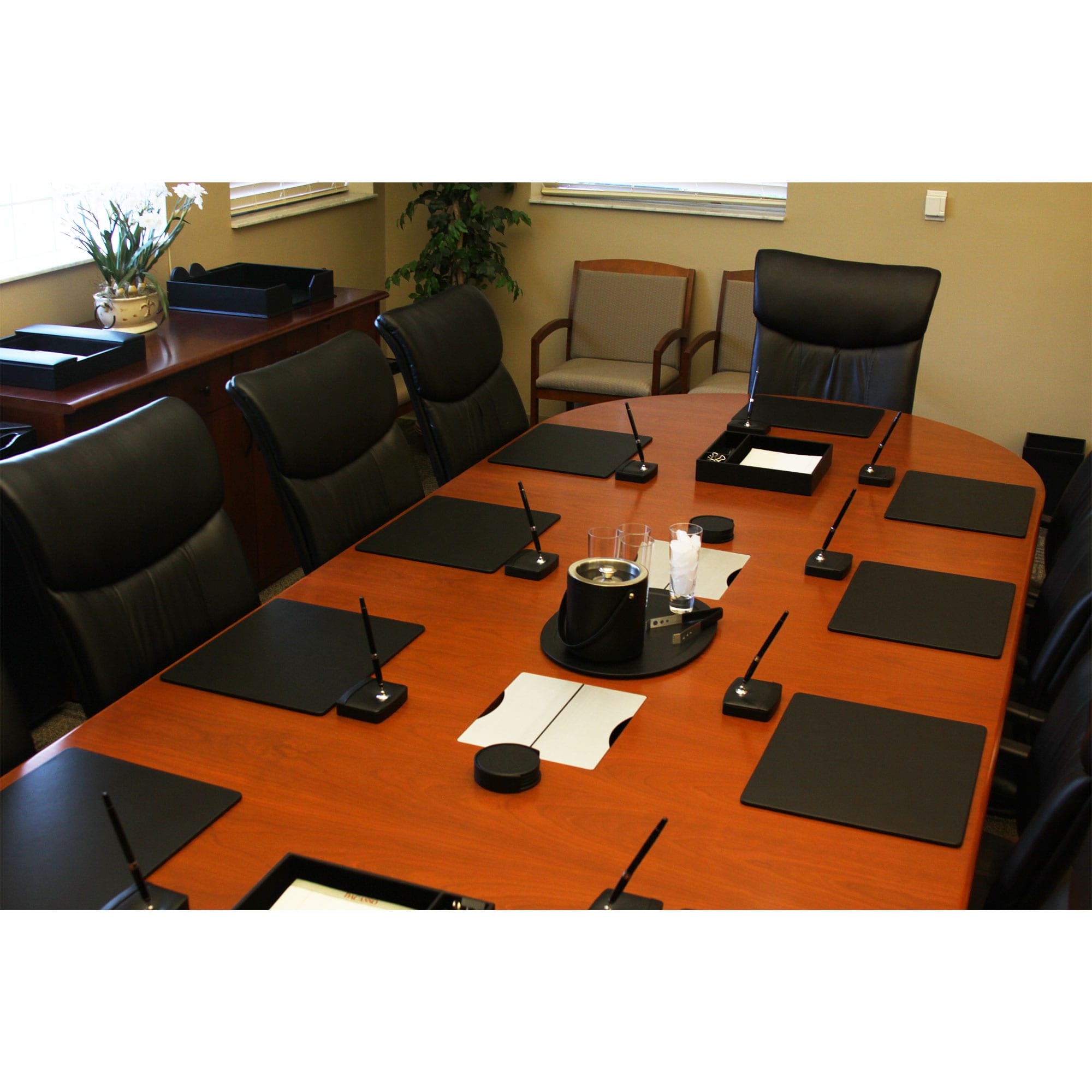 10 Seat Black Leatherette Conference Room Set w/ Round Coasters and Pen Stands, 17 x 14 Size Pads