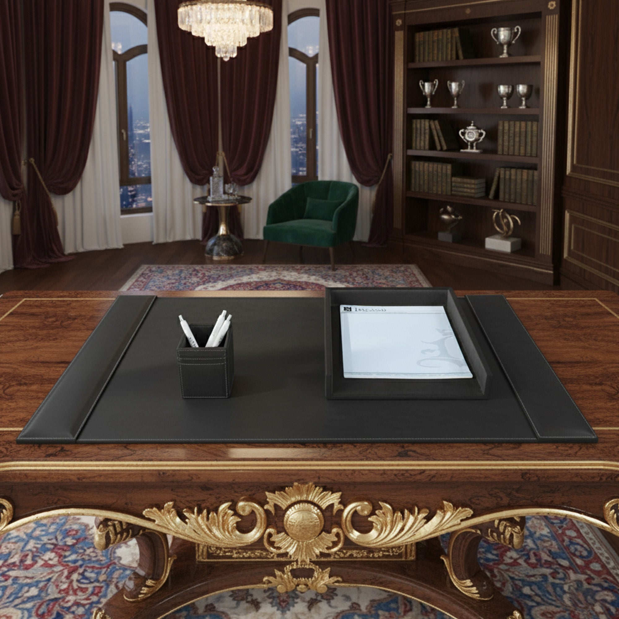 Rustic Black Leather 3-Piece Desk Set