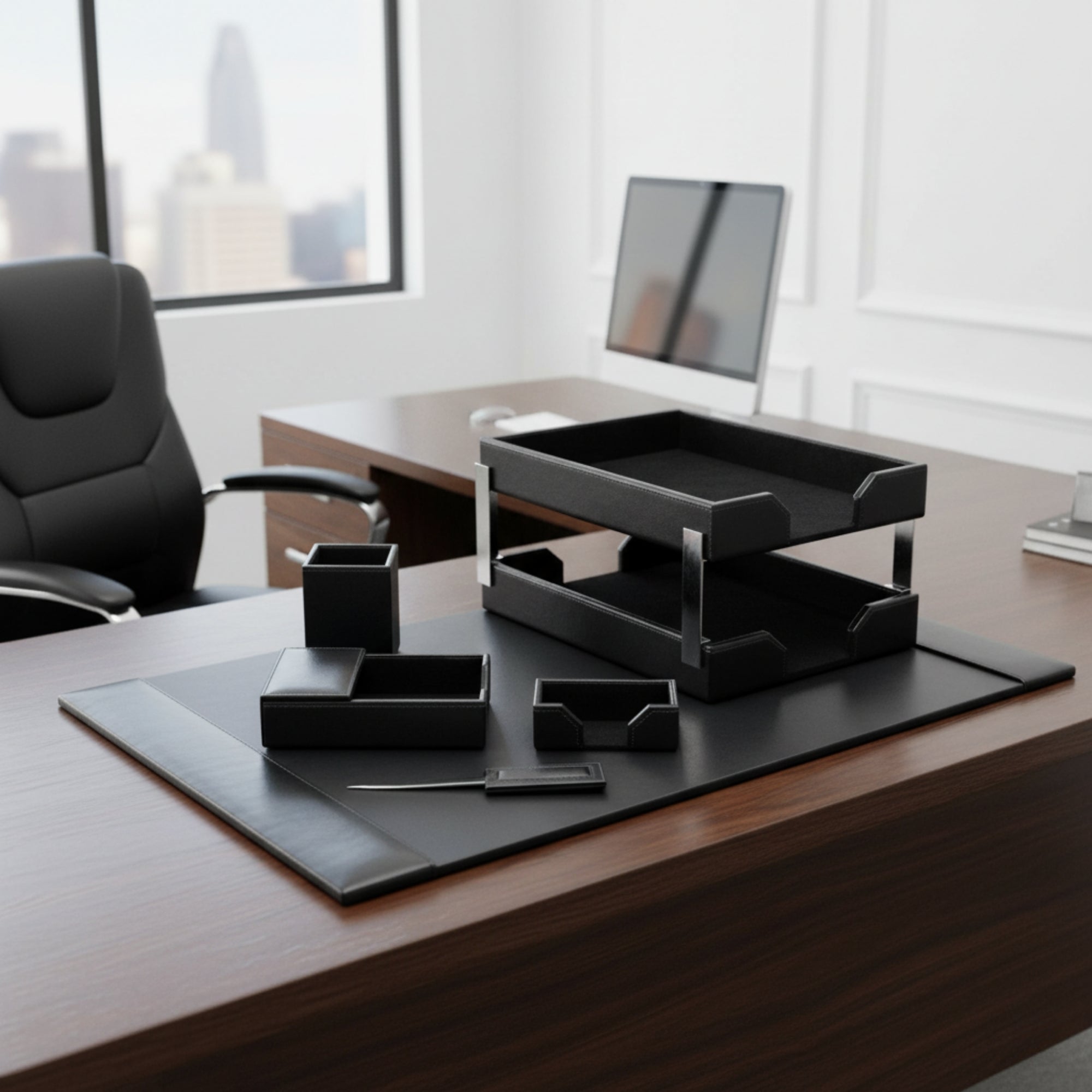 Black Bonded Leather 8-Piece Desk Set