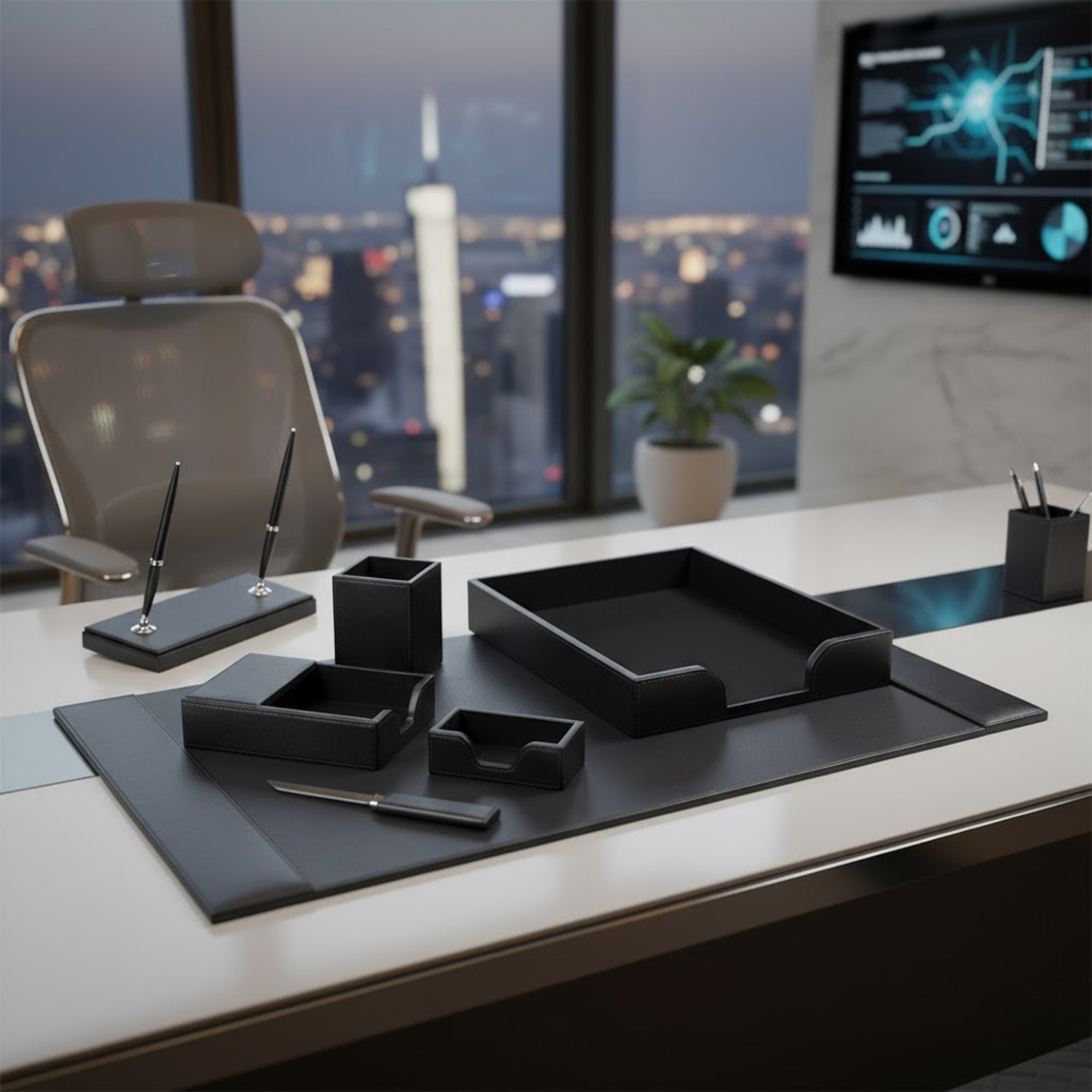 Black Bonded Leather 7-Piece Desk Set