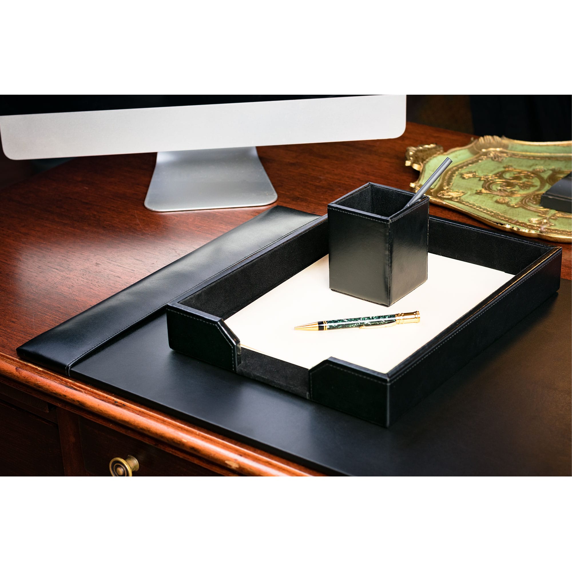 Black Bonded Leather 3-Piece Desk Set