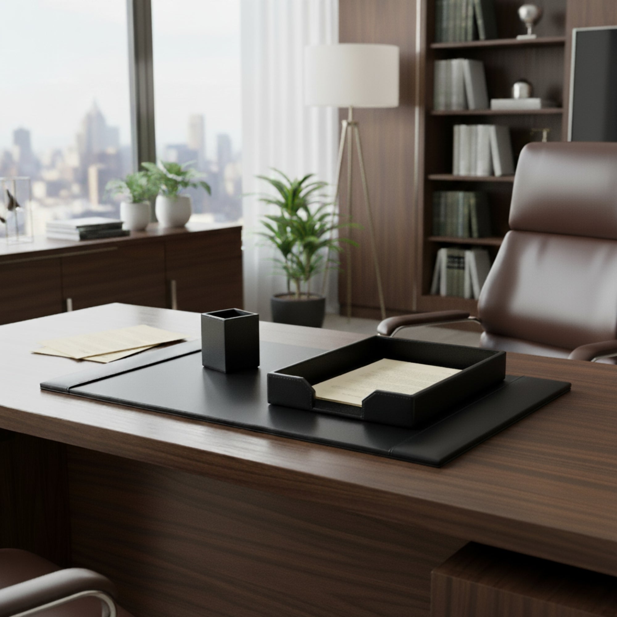Black Bonded Leather 3-Piece Desk Set