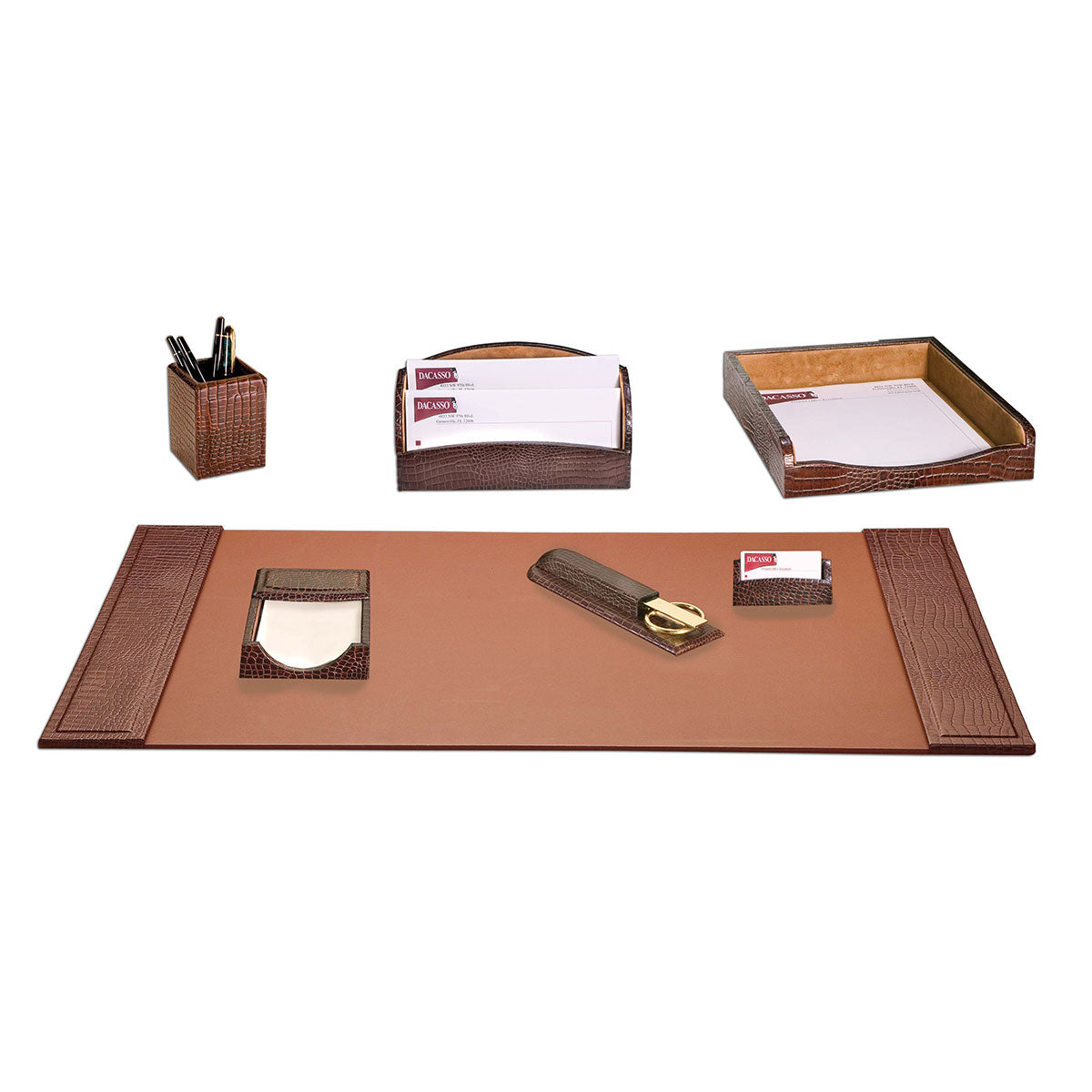 Brown Crocodile Embossed Leather 7-Piece Desk Set