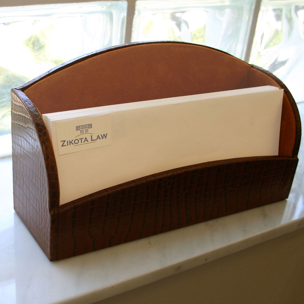 Brown Crocodile Embossed Leather 7-Piece Desk Set