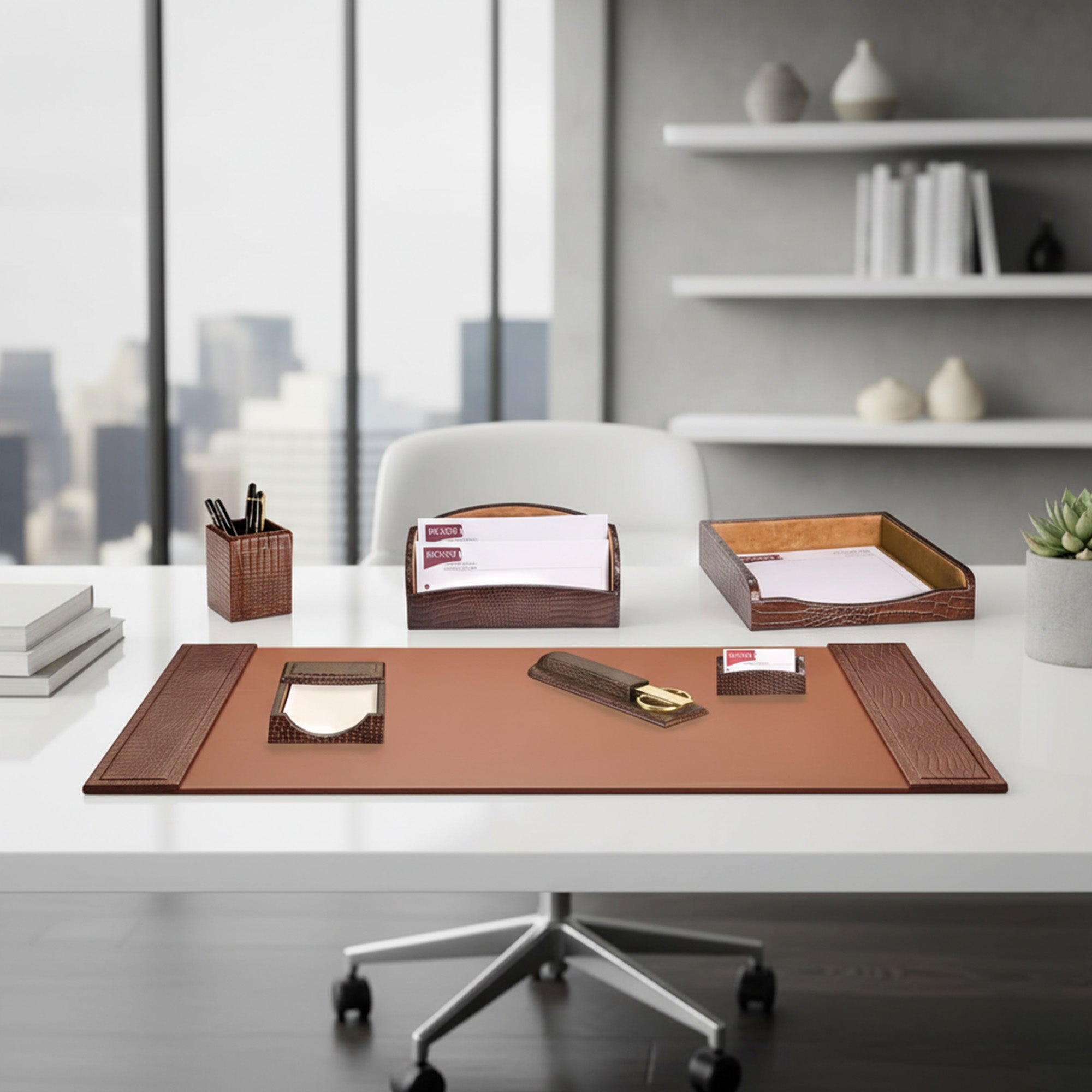 Brown Crocodile Embossed Leather 7-Piece Desk Set
