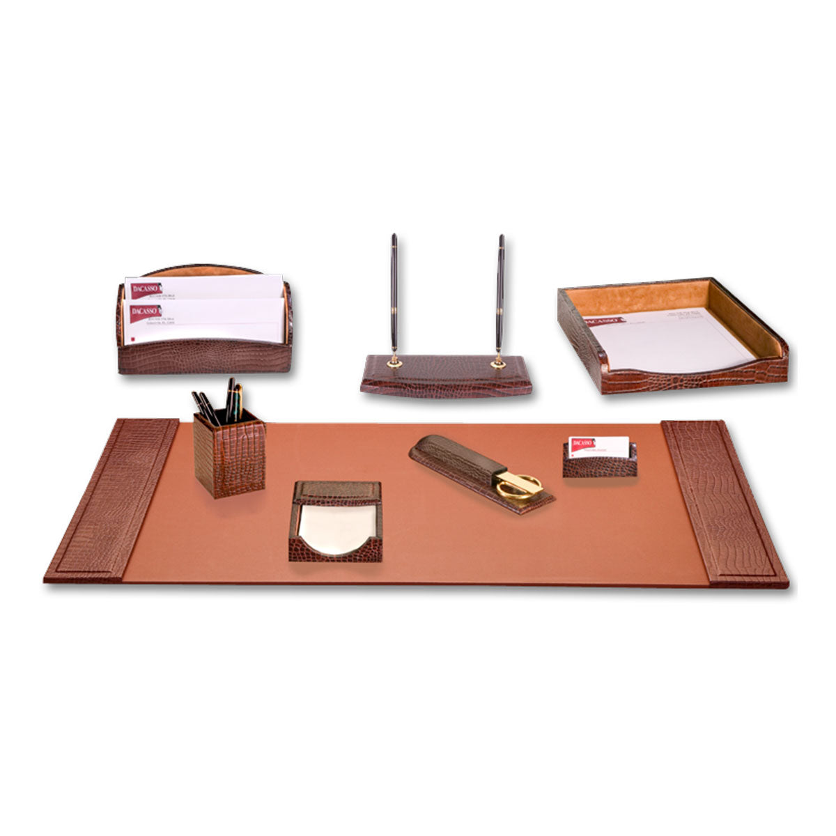 Brown Crocodile Embossed Leather 8-Piece Desk Set