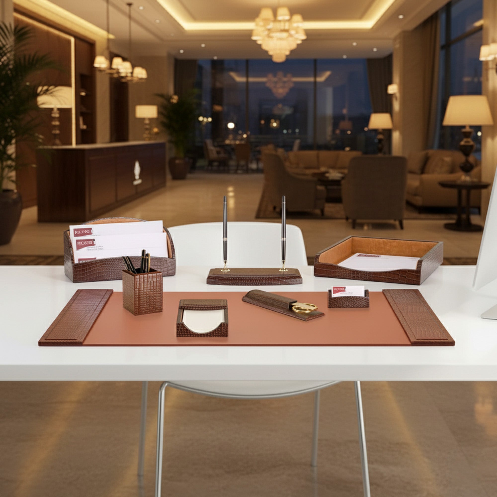 Brown Crocodile Embossed Leather 8-Piece Desk Set