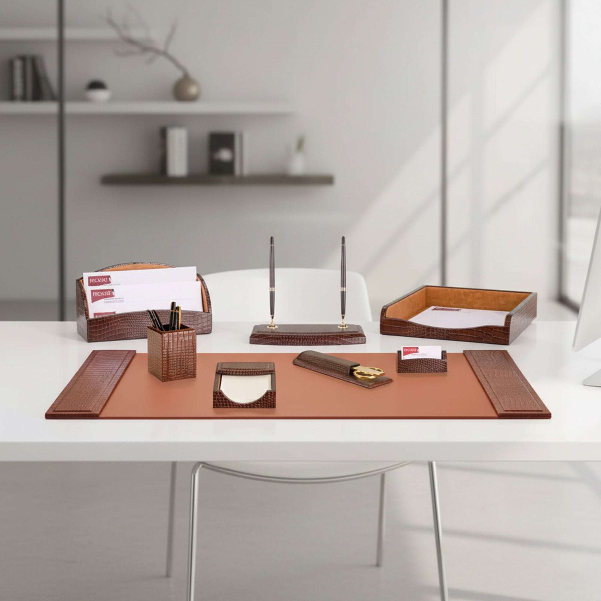 Brown Crocodile Embossed Leather 8-Piece Desk Set