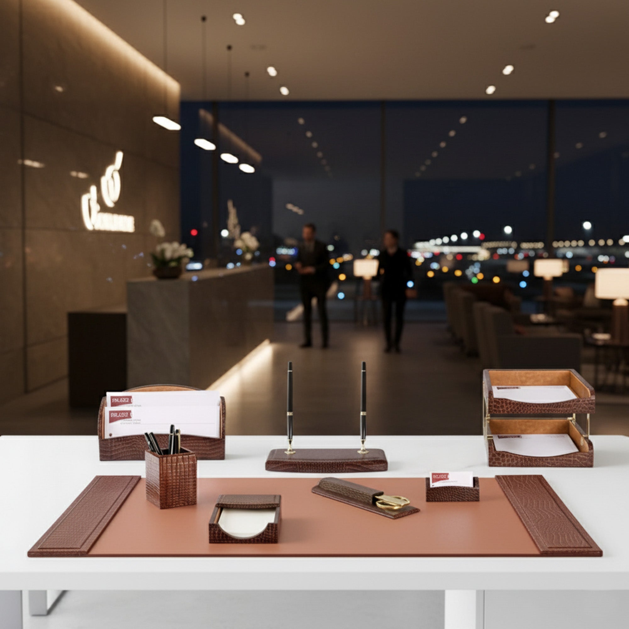 Brown Crocodile Embossed Leather 10-Piece Desk Set