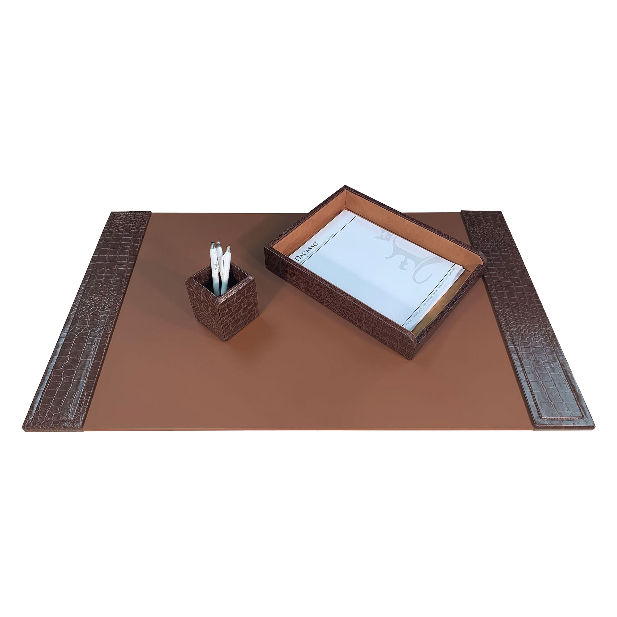 Brown Crocodile Embossed Leather 3-Piece Desk Set
