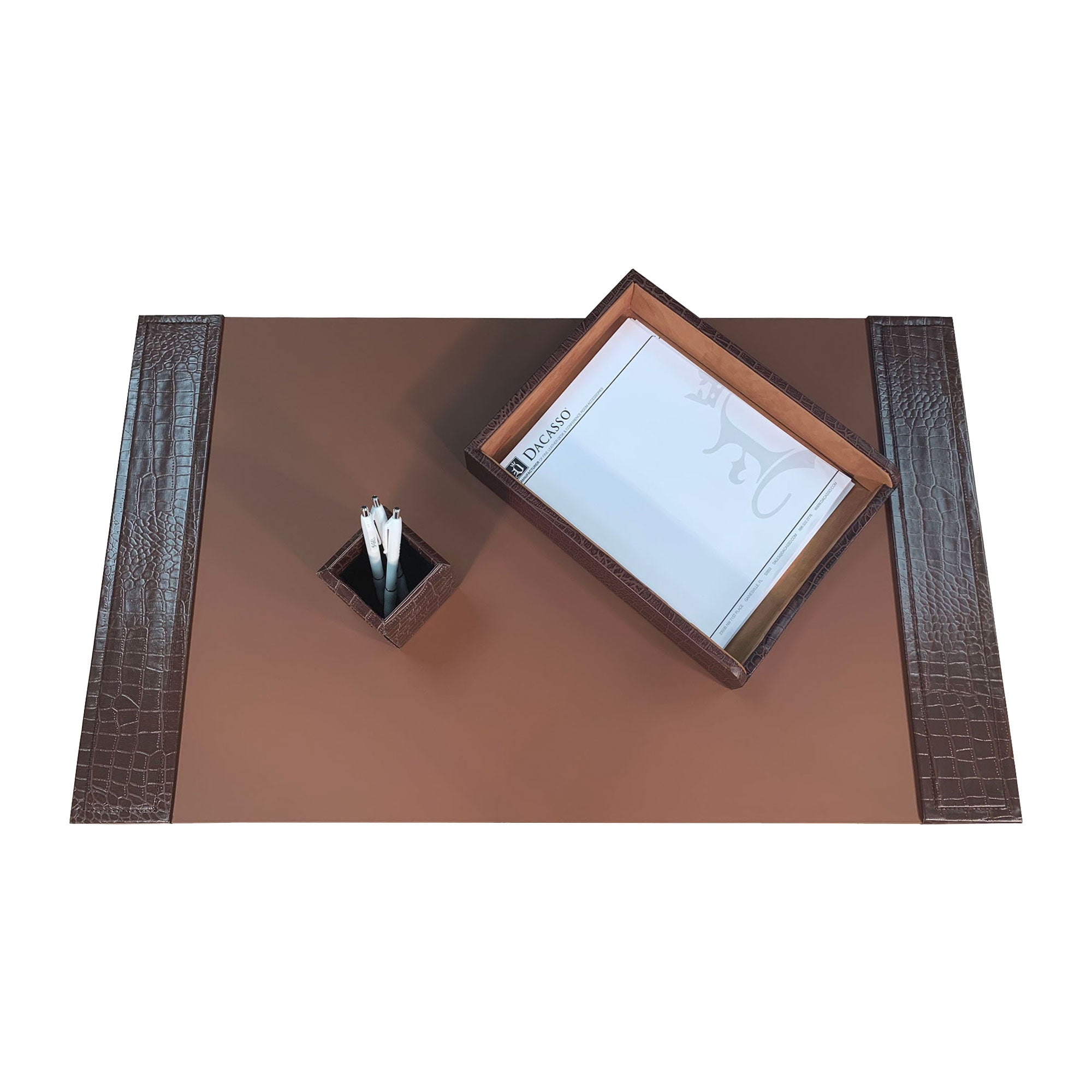 Brown Crocodile Embossed Leather 3-Piece Desk Set