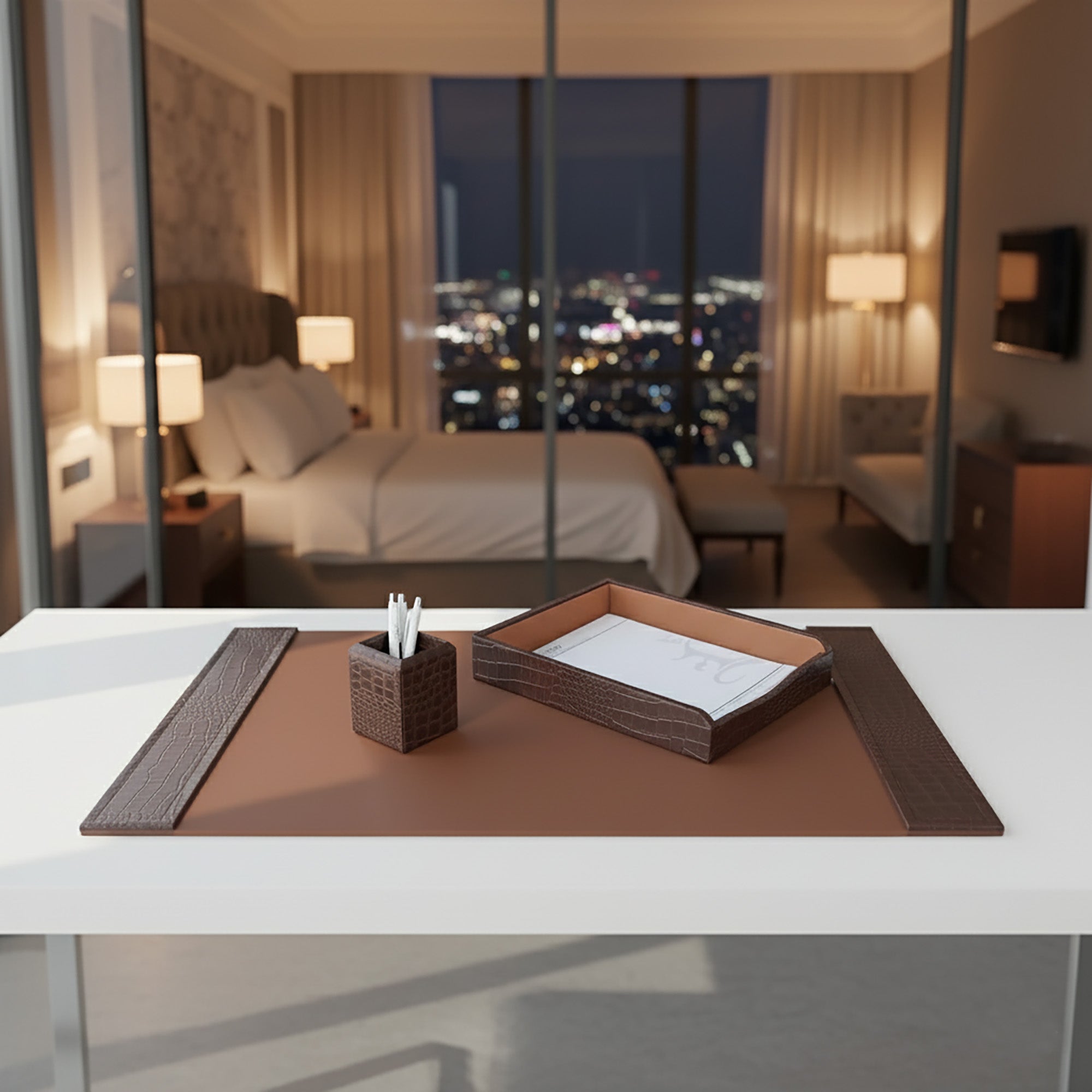 Brown Crocodile Embossed Leather 3-Piece Desk Set