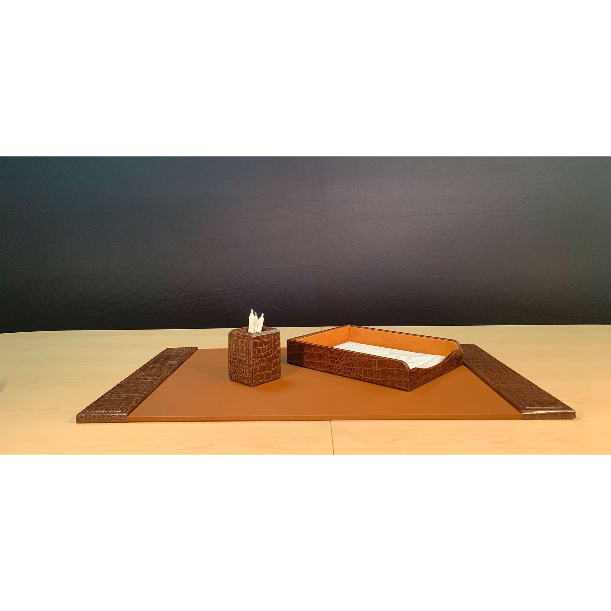 Brown Crocodile Embossed Leather 3-Piece Desk Set