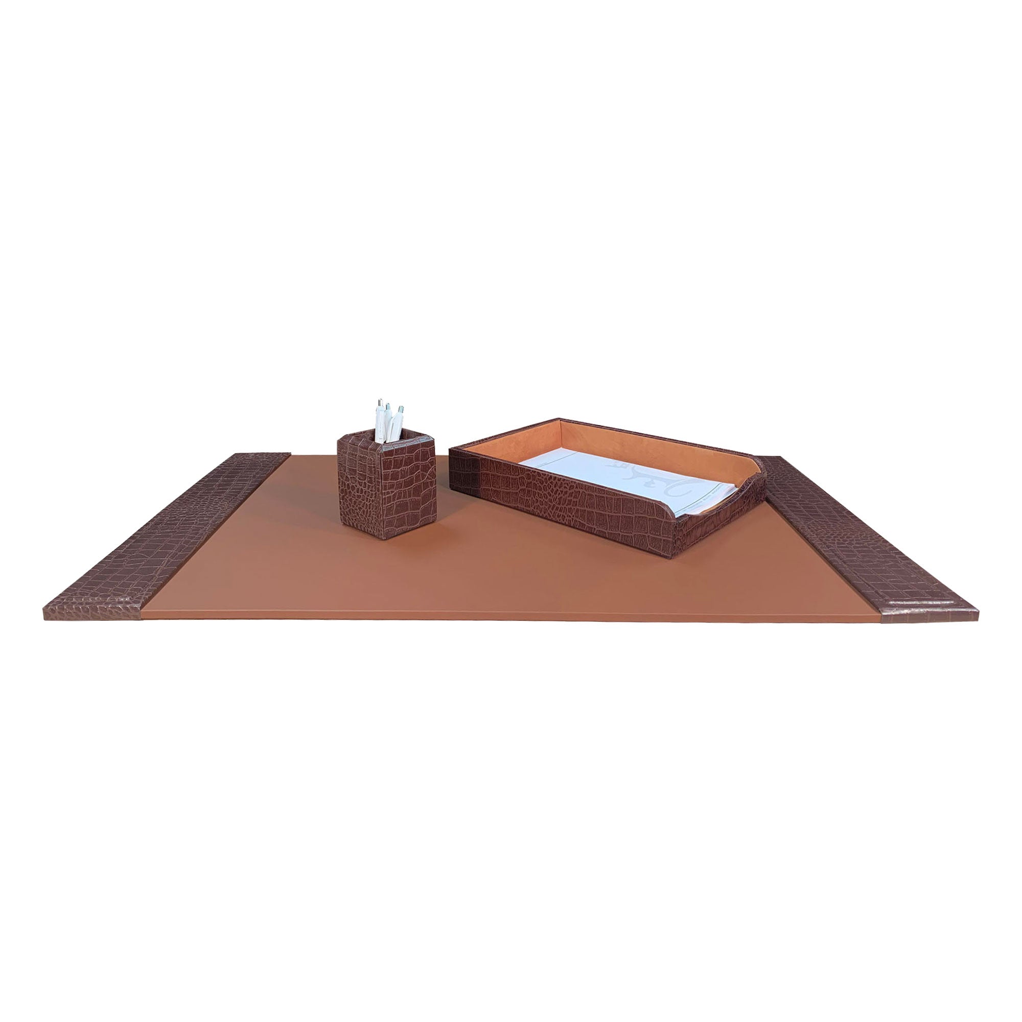 Brown Crocodile Embossed Leather 3-Piece Desk Set