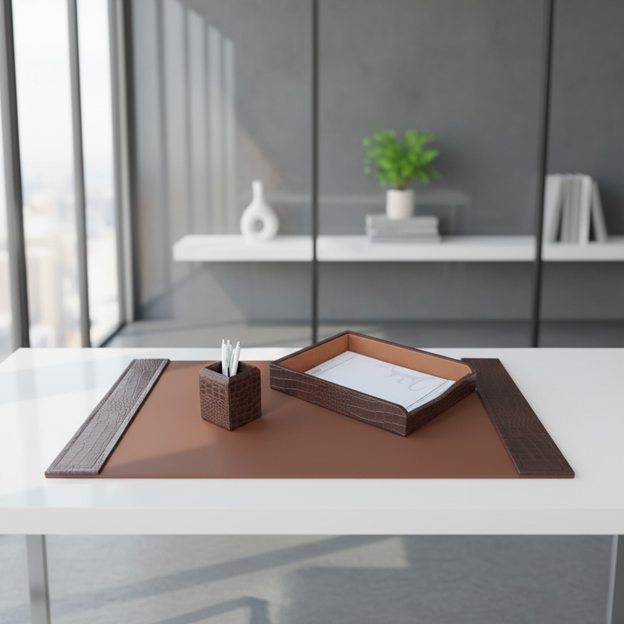 Brown Crocodile Embossed Leather 3-Piece Desk Set