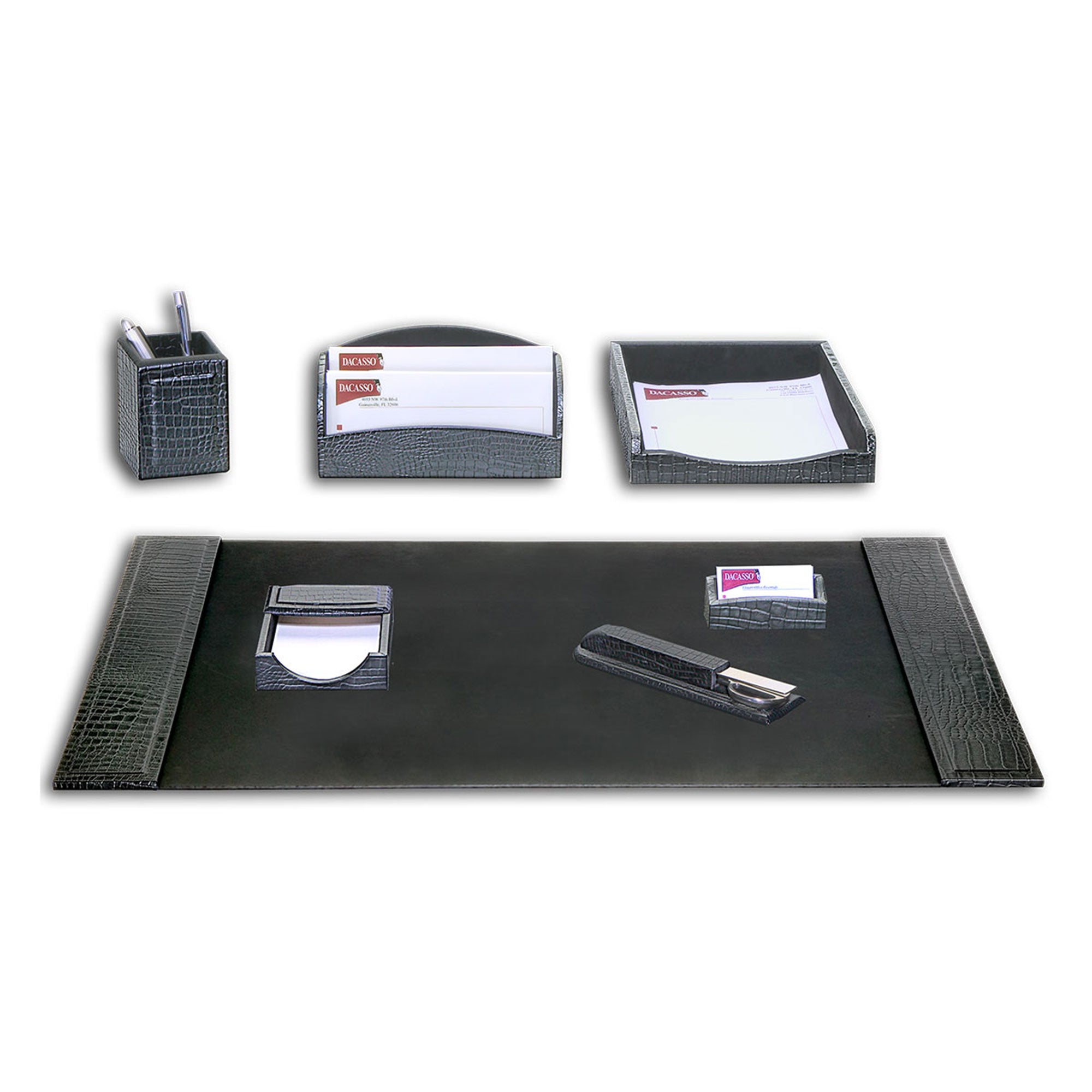 Black Crocodile Embossed Leather 7-Piece Desk Set