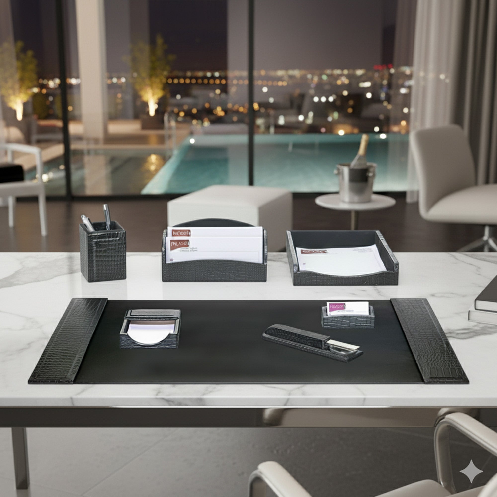 Black Crocodile Embossed Leather 7-Piece Desk Set