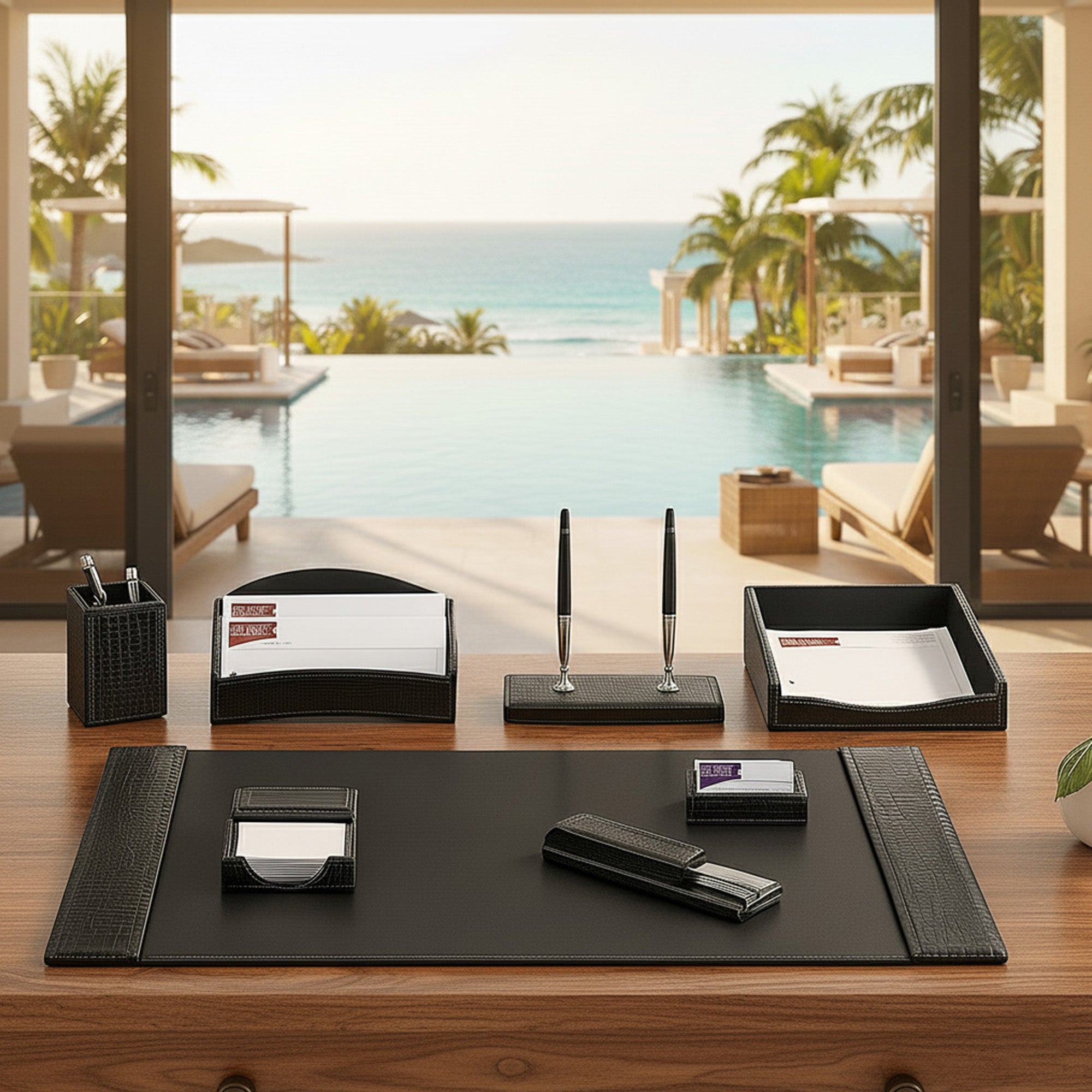 Black Crocodile Embossed Leather 8-Piece Desk Set