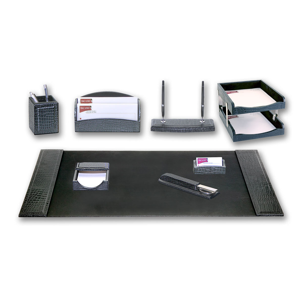 Black Crocodile Embossed Leather 10-Piece Desk Set